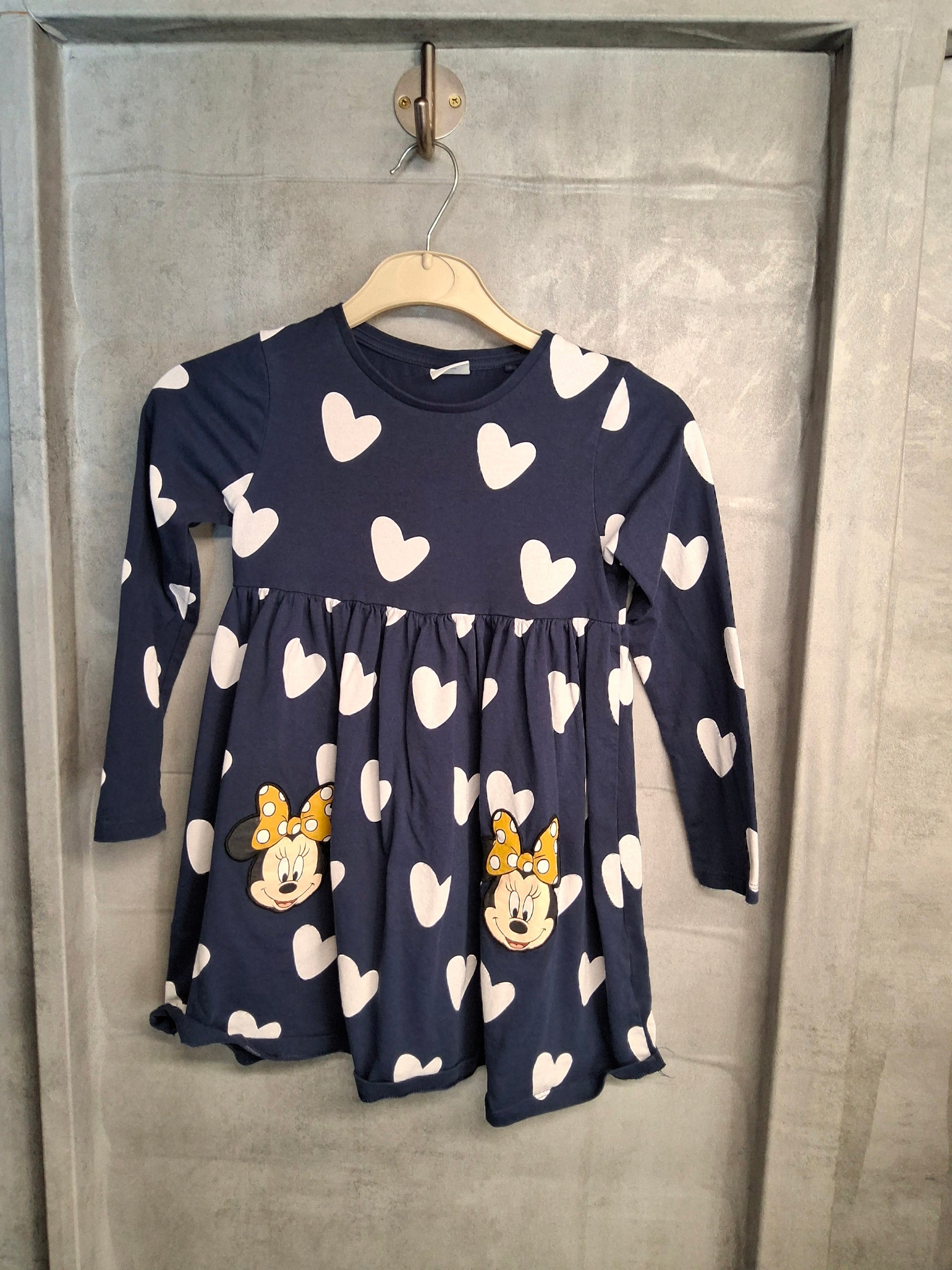 F&F Disney Navy & White Heart Print Dress – Girls 6-7 Years – 100% Cotton
