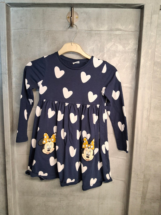 F&F Disney Navy & White Heart Print Dress – Girls 6-7 Years – 100% Cotton
