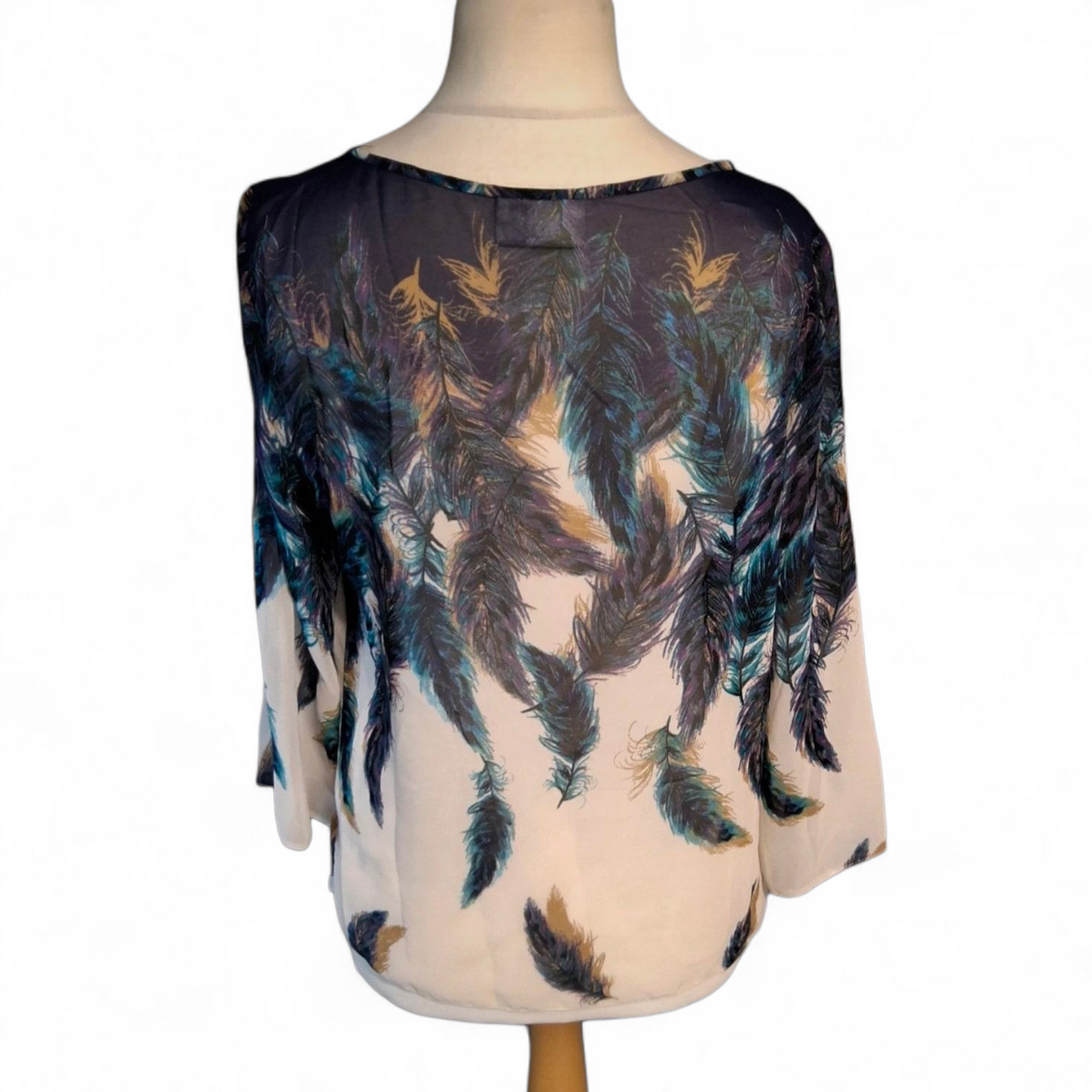 Wallis Purple, Blue & White Feather Print Sheer Tie-Front Blouse – Size 10 Petite