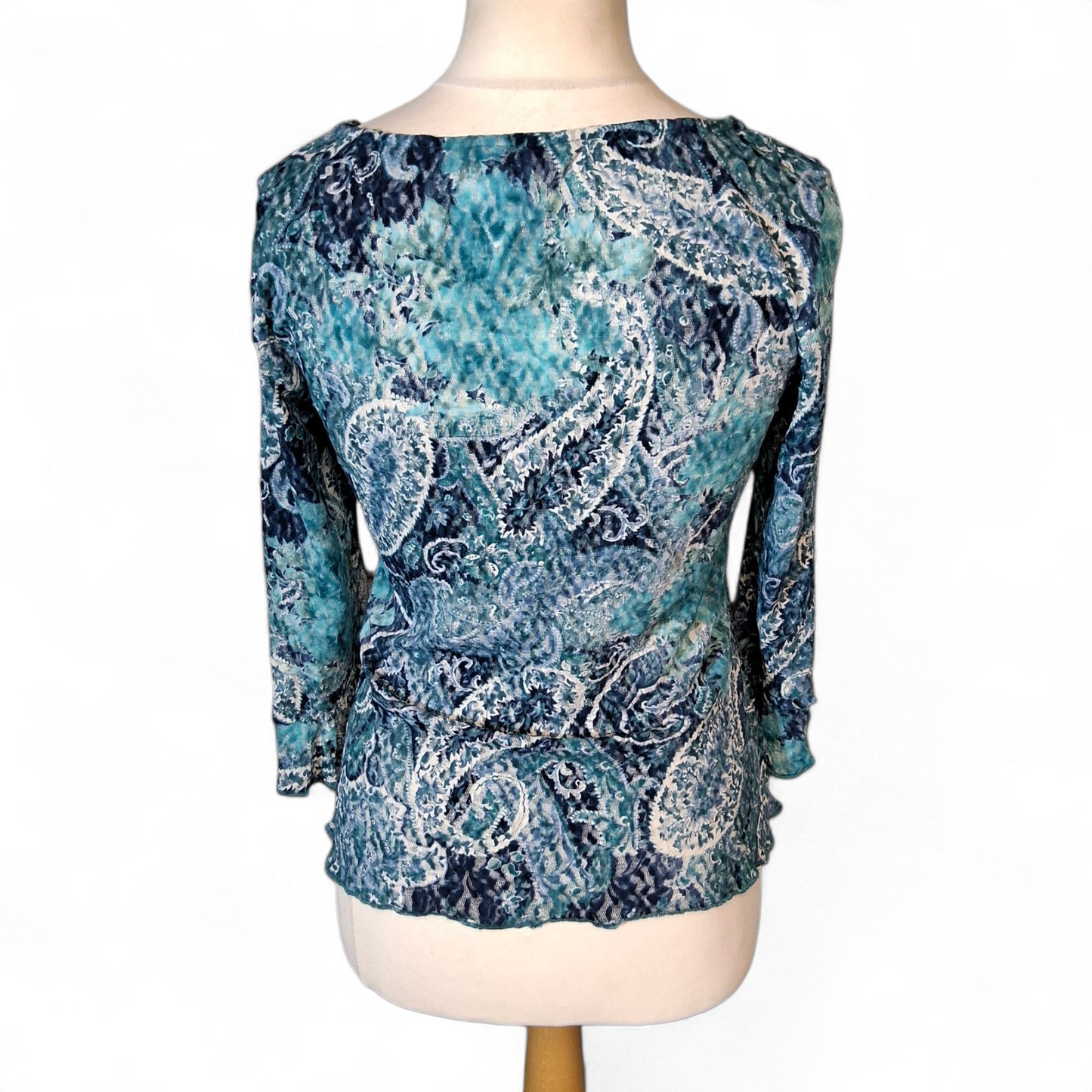 Per Una Blue Patterned Sheer Lace Top – Flared Cuffs – Size 14