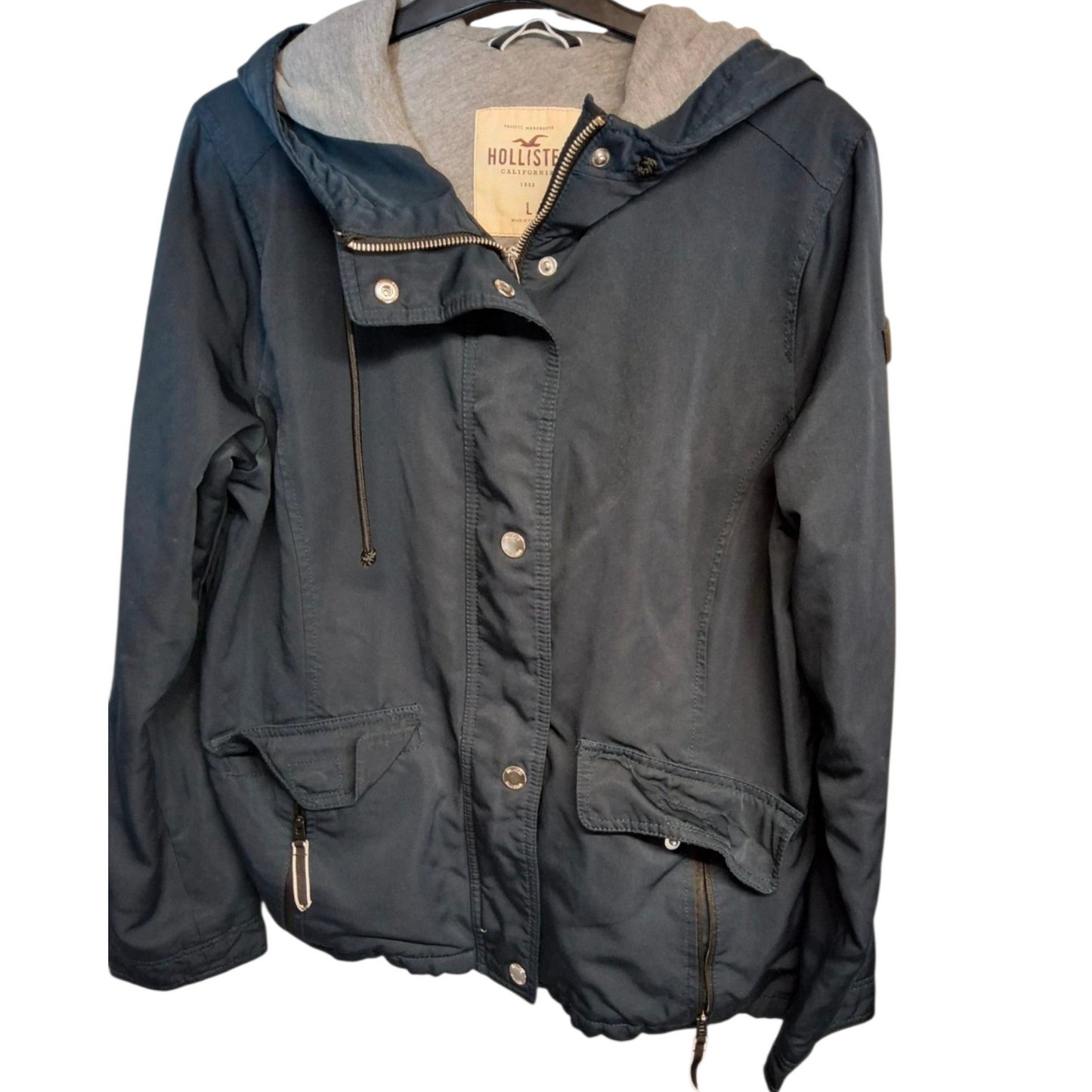 Hollister Navy & Grey Hooded Jacket – Zip & Popper Close – Size L Ladies – Polyester