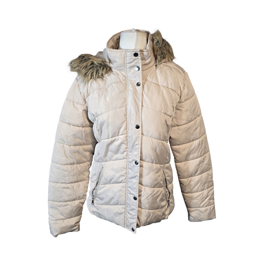 PLT Cream Puffer Coat with Faux Fur Hood – Size 12
