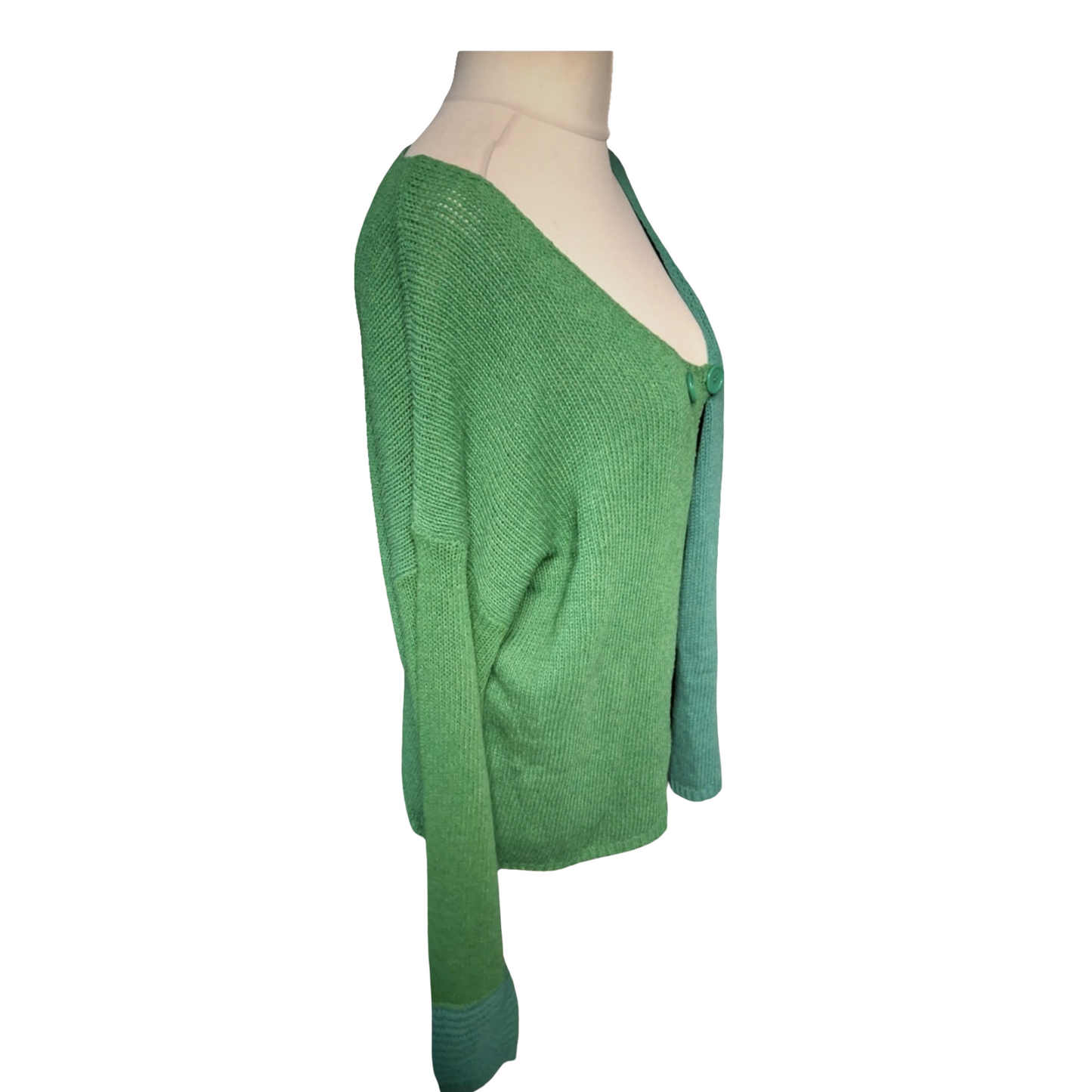 Handmade Green Colour Block Knit Cardigan – Relaxed Fit, Button Close