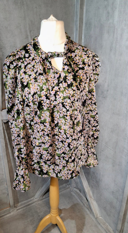 Never Fully Dressed Multicoloured Floral Blouse – Tie Neck & Frilly Cuffs – Size 12