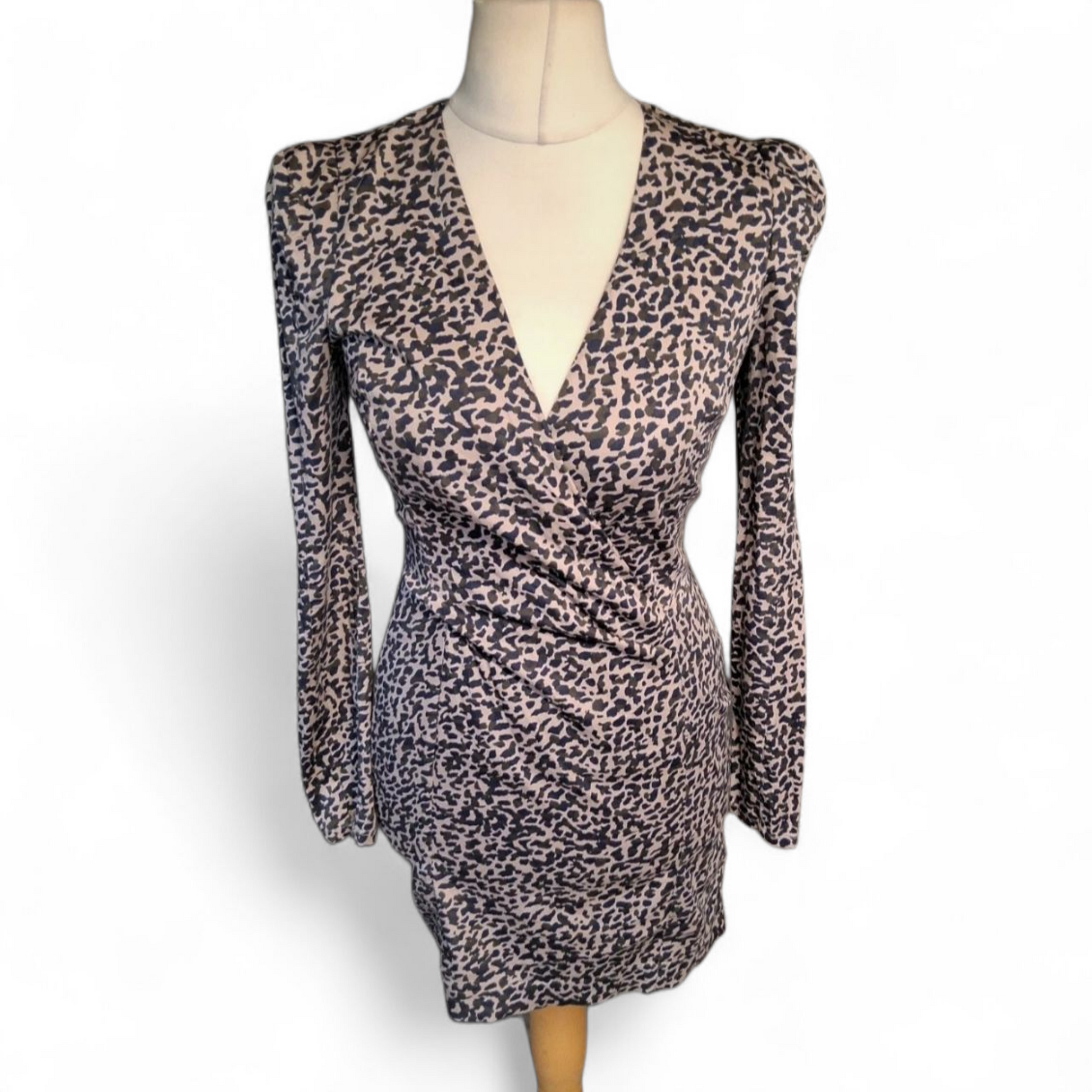 French Connection Navy & Beige Animal Print Bodycon Mini Dress – Size 10