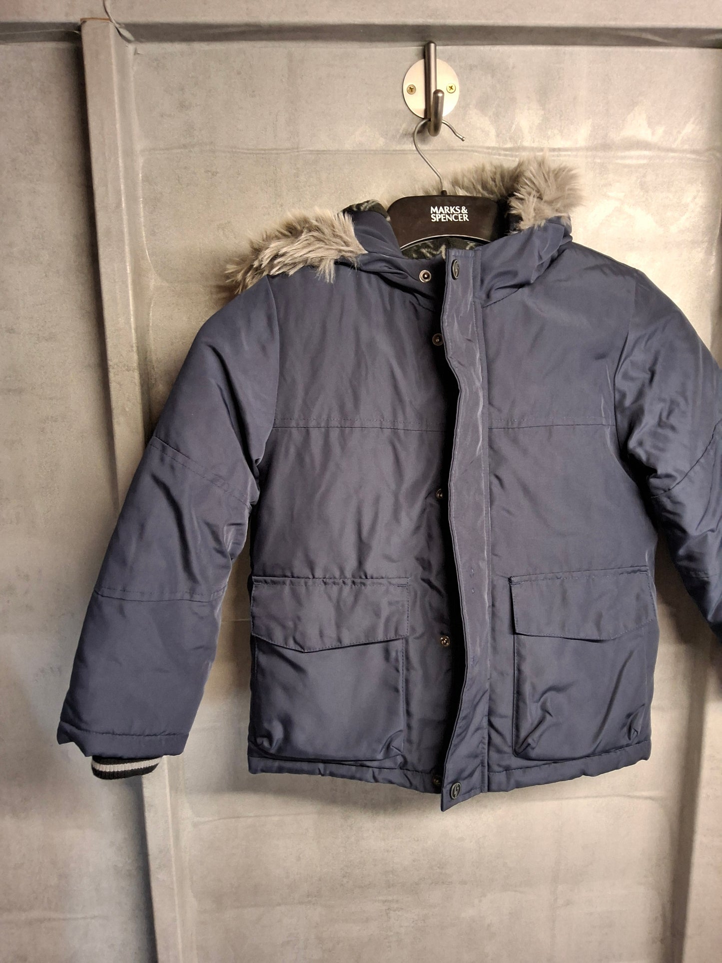 F&F Boys Navy Winter Coat – Faux Fur Hood, Age 5–6yrs
