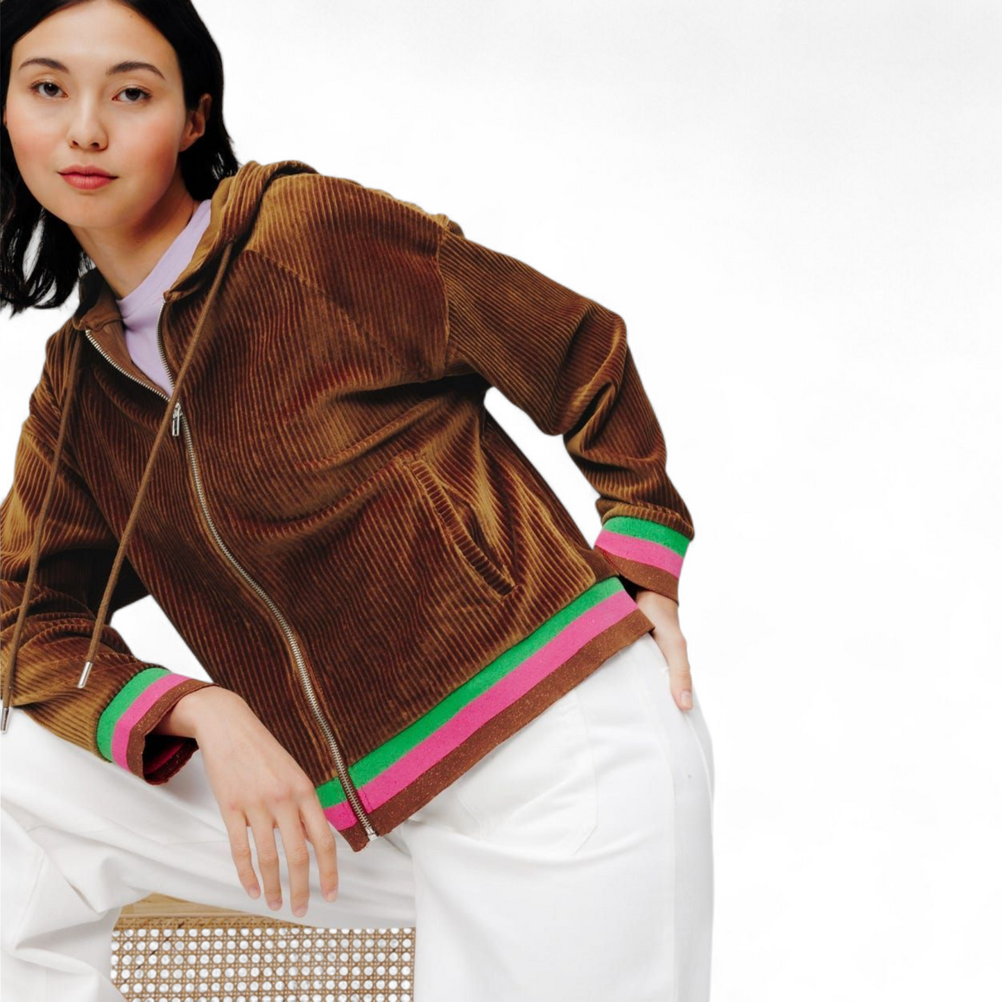 Promod Brown Cord Zip-Up Hoodie – Glitter Hem – Size L ( uk size 12/14)