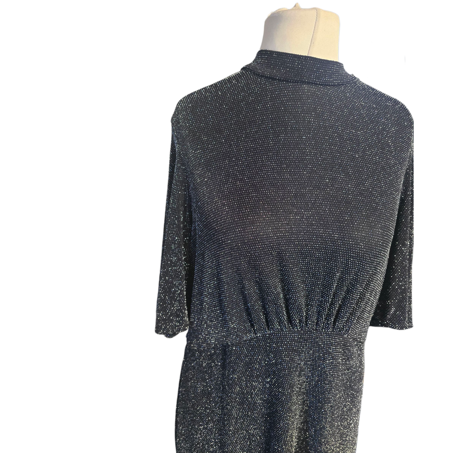 Dorothy Perkins Black & Silver Glitter Top – Size 16 – High Neck Flared Sleeve Tunic