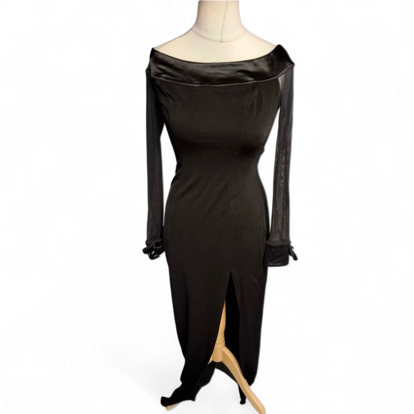 Tadaski Vintage 80s Black Off-Shoulder Maxi Dress – Sheer Sleeves