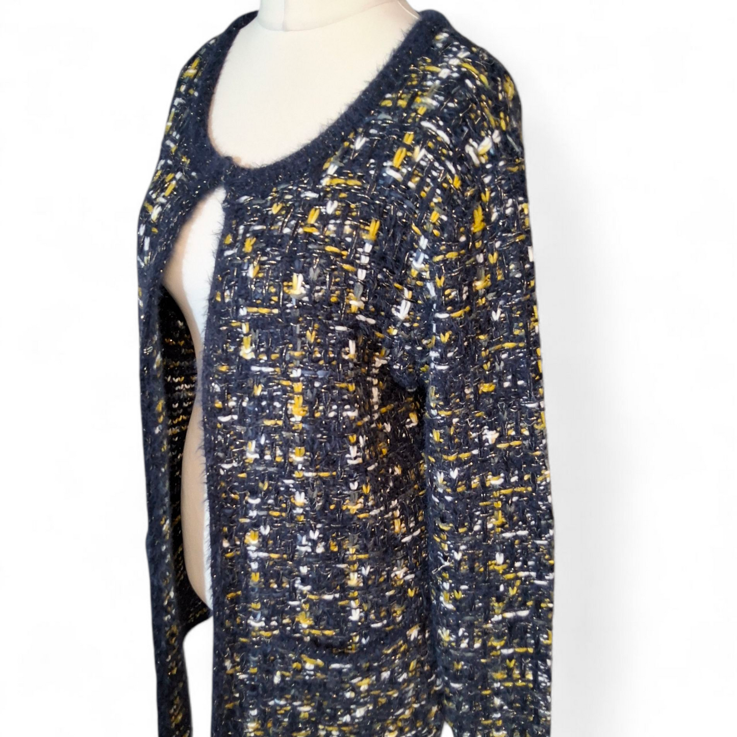 Cerulean Navy & Mustard Chunky Knit Cardigan – Glitter Thread – Size 12/14 Oversized