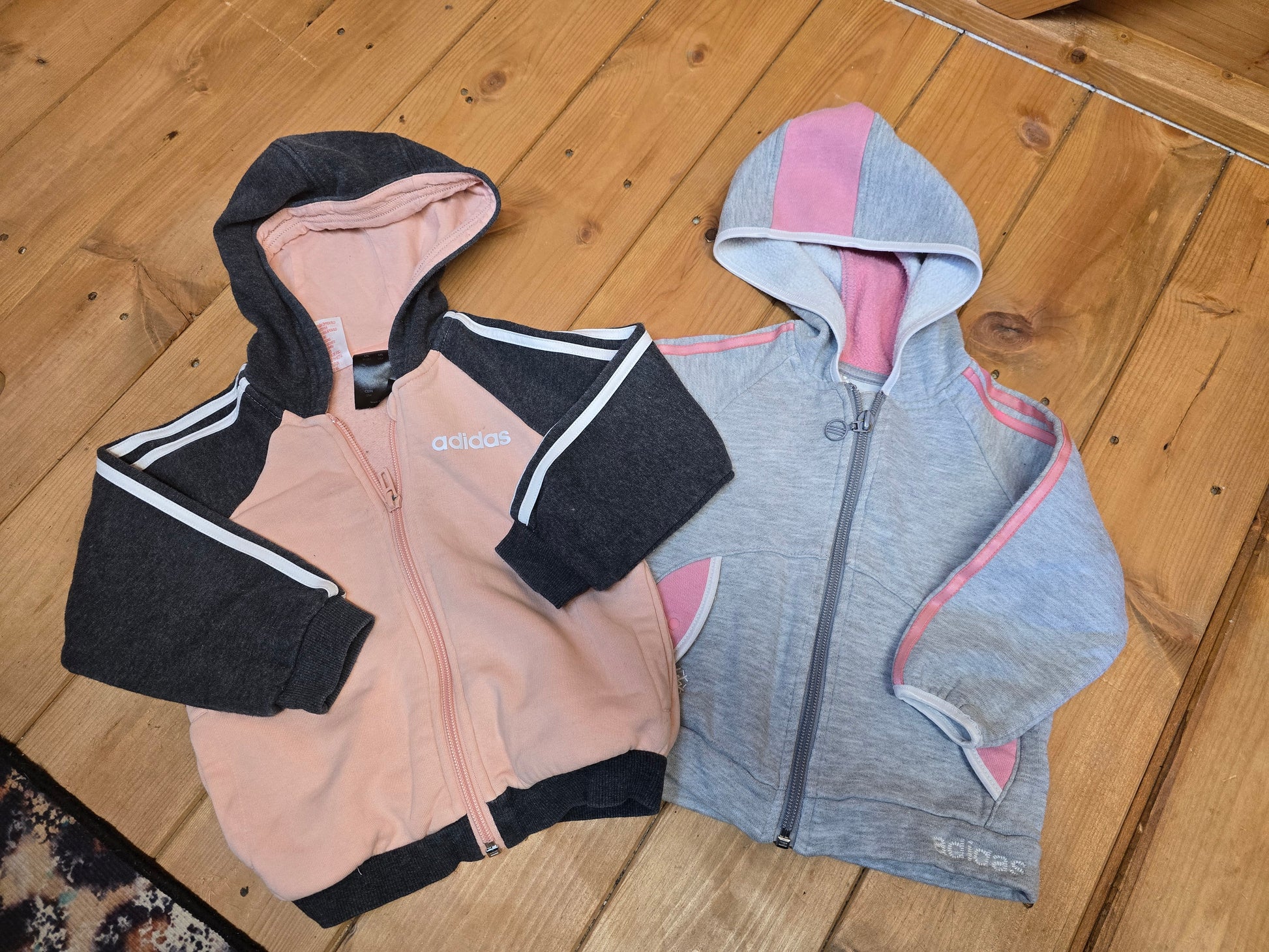 Girls' Adidas Zip-Up Hoodies Bundle Age 9-12 Months – Pink/Grey, Good Condition