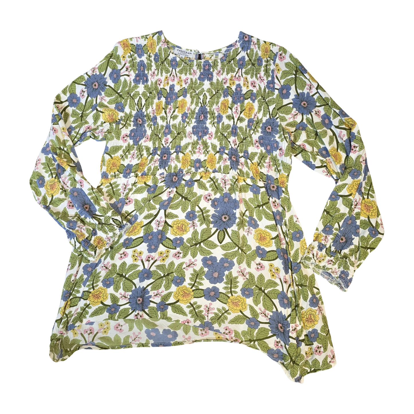 Cerulean Blue Diamond Floral Long Sleeve Top – Size 16 – 100% Rayon