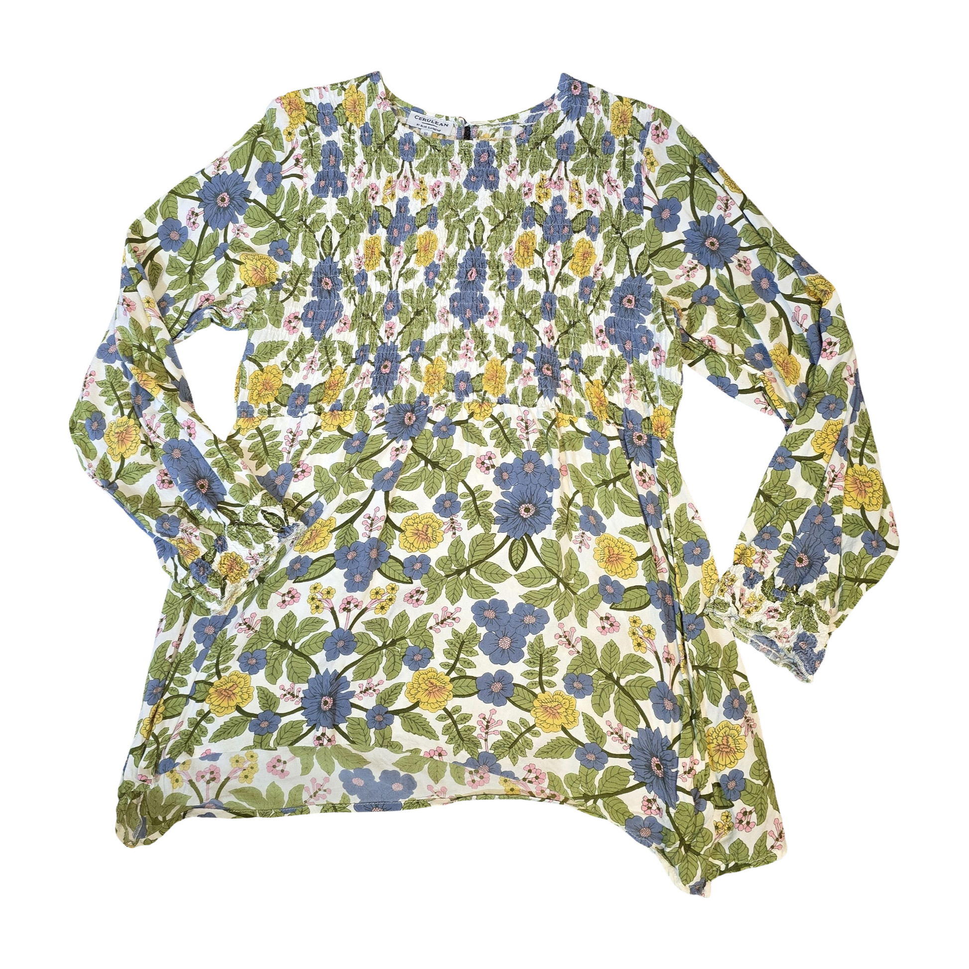 Cerulean Blue Diamond Floral Long Sleeve Top – Size 16 – 100% Rayon