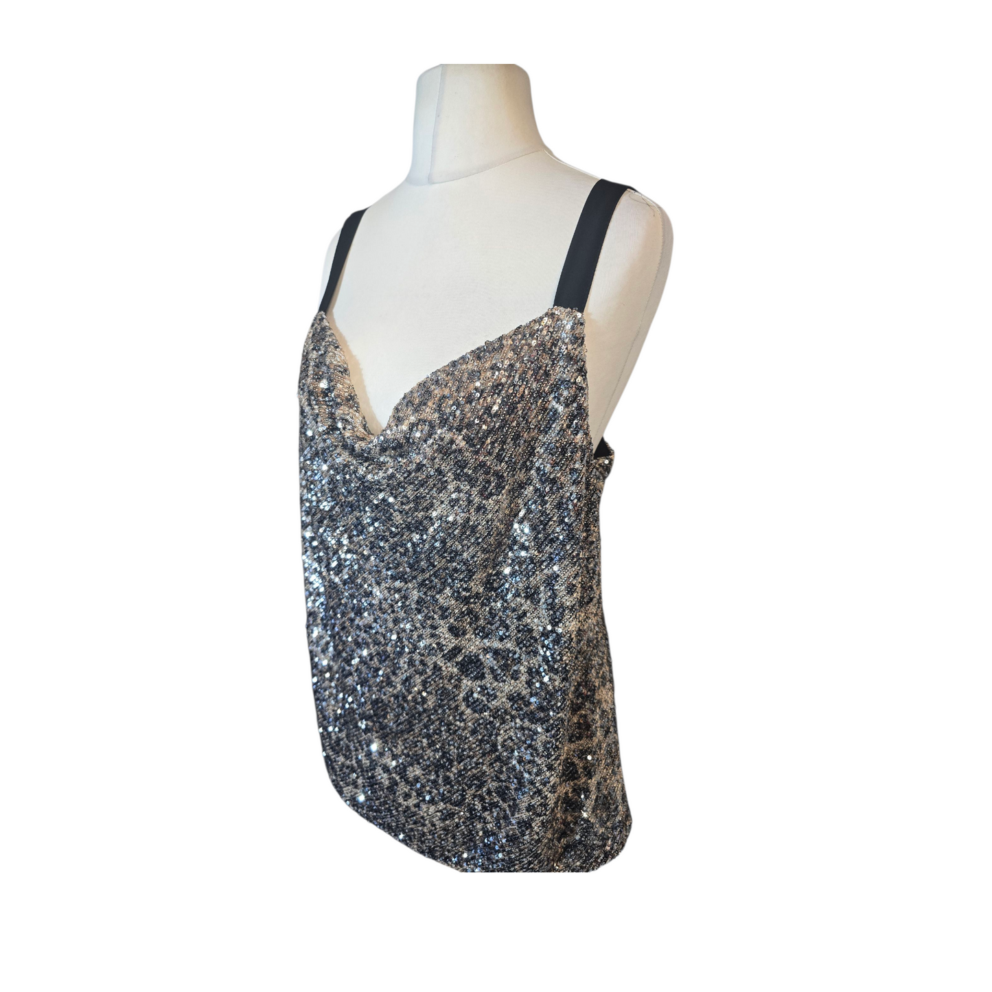 M&Co Boutique Animal Print Sequin Top – Size 18 – Beige/Brown Cowl Neck Party Camisole