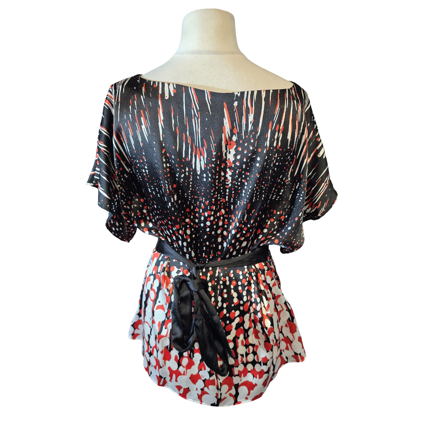 Monsoon Black, Red & White Silky Belted Top – Size 16 – Evening Occasion Wear