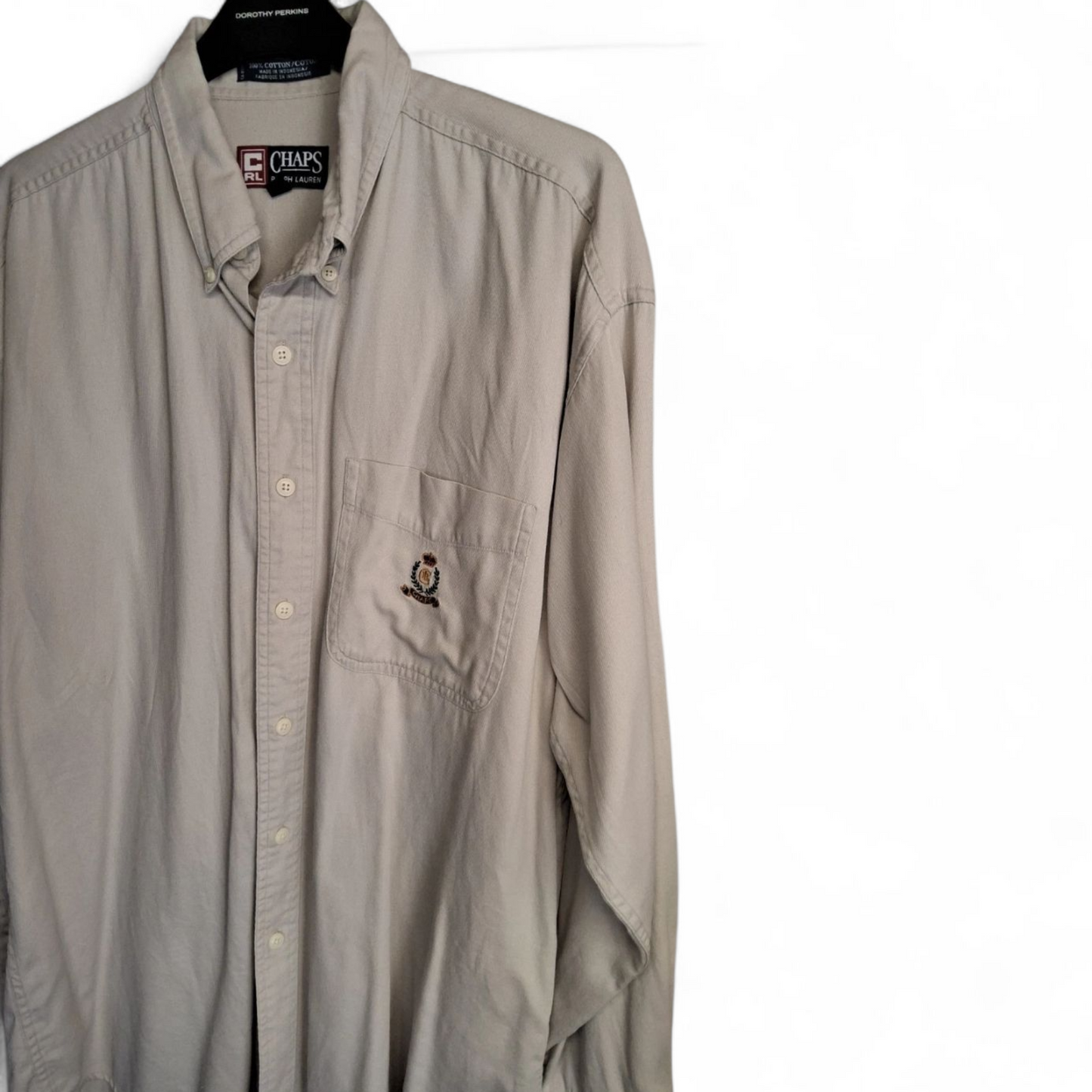 Vintage 90s Ralph Lauren CHAPS Beige Shirt | Size M | Long Sleeve Cotton Logo
