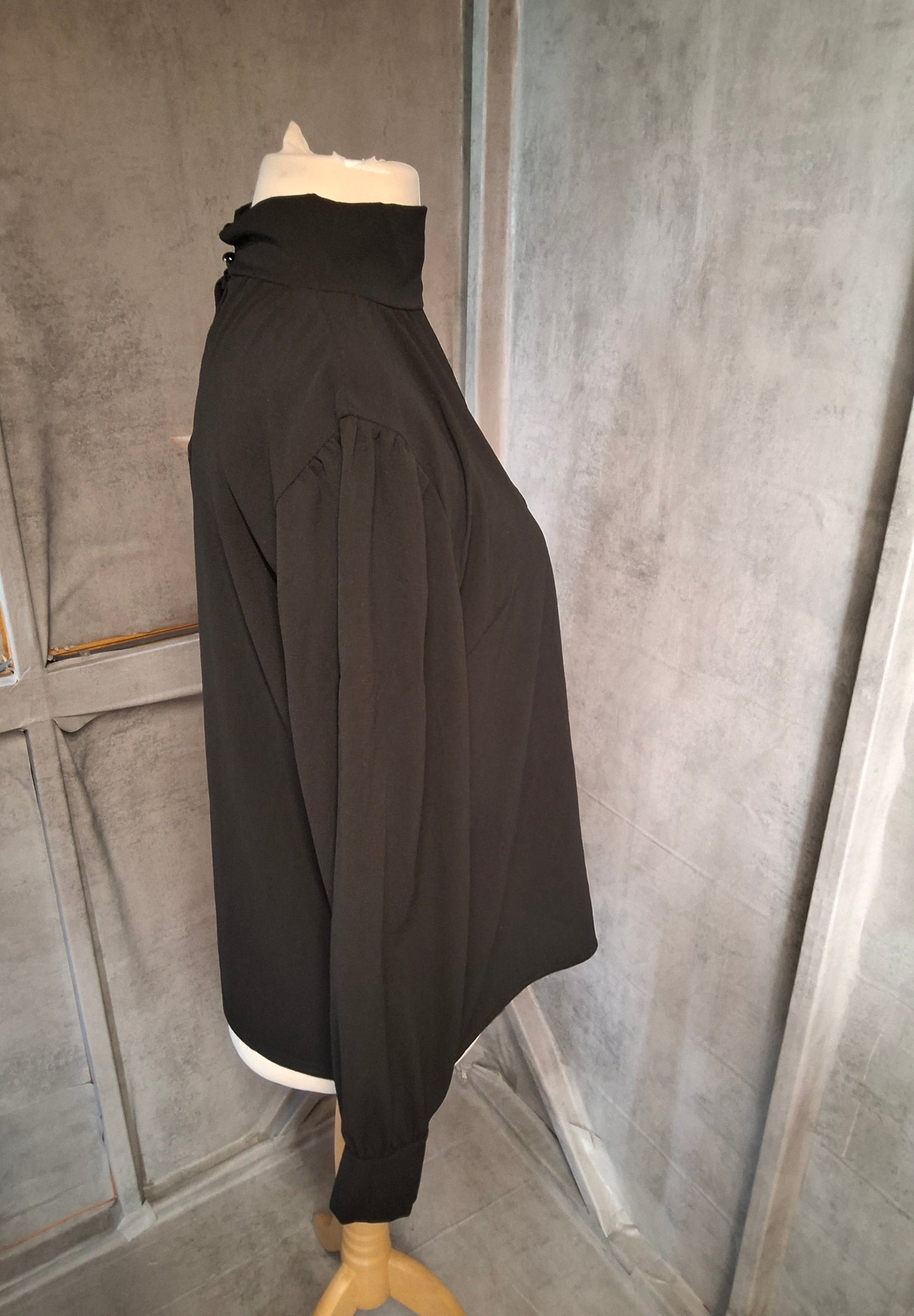Boohoo Black High Neck Blouse – Slit Front Detail – Size 16