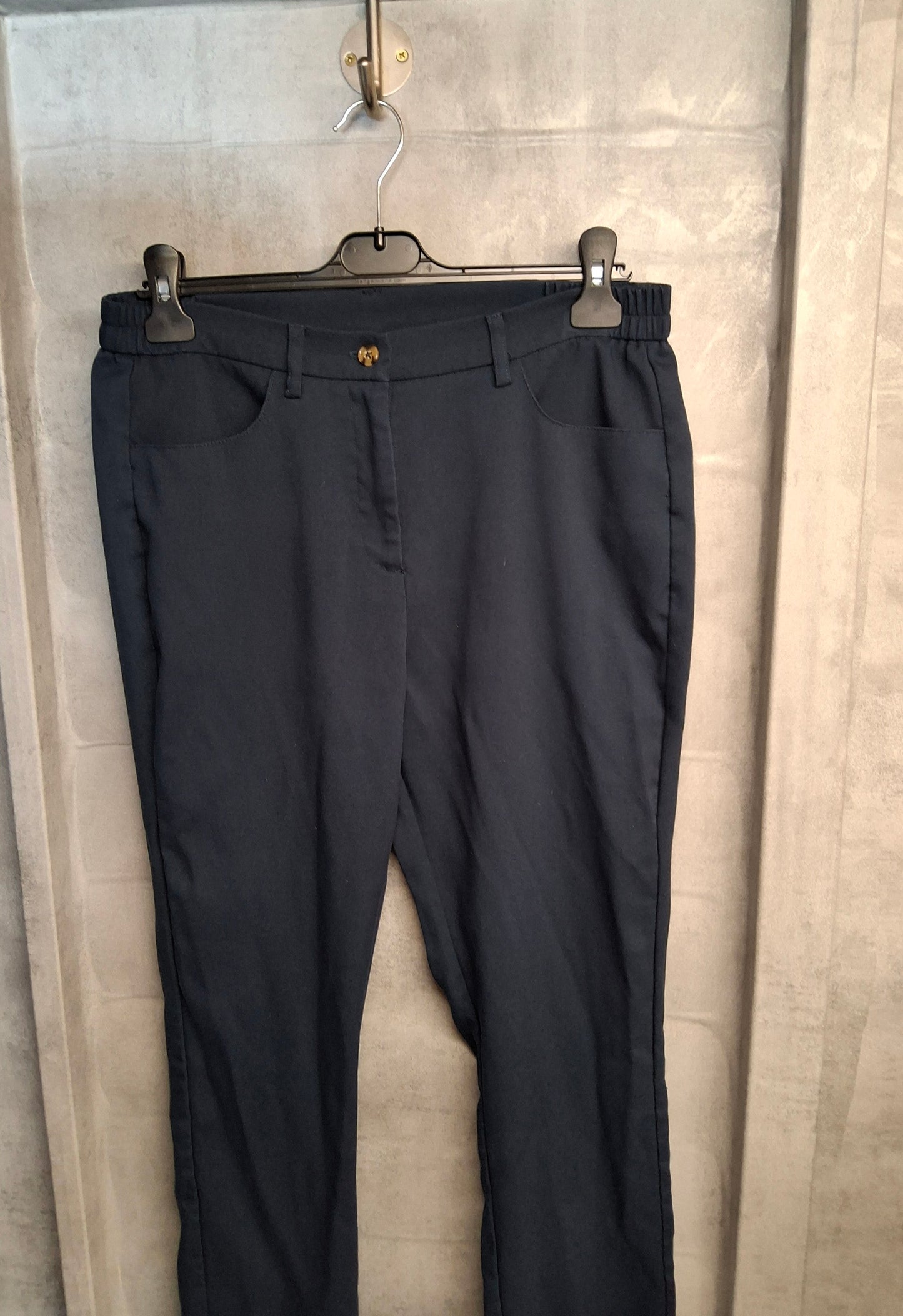 Cotton Traders Navy Straight Leg Trousers – Size 12 – Elasticated Sides – Polyester Viscose