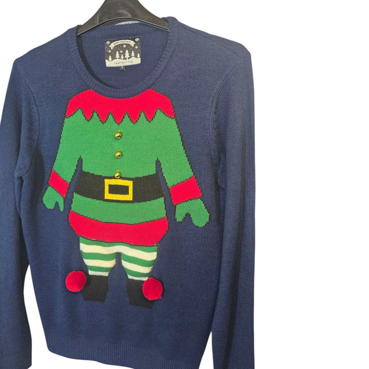 Red Herring Navy Men’s Christmas Jumper – Size S – Elf Knit with Bells 38" Chest