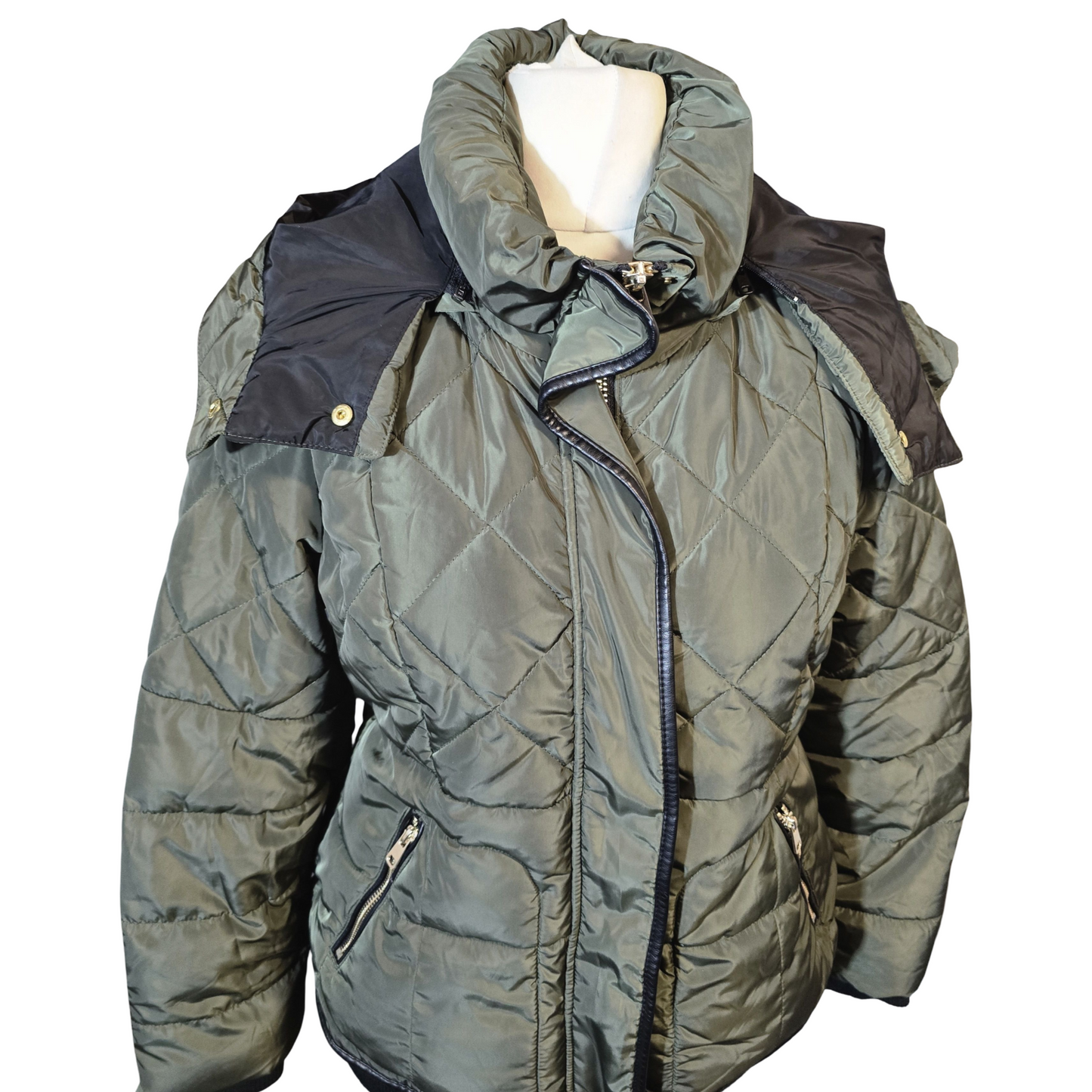 Next Petite Khaki Puffer Jacket – Detachable Hood, Size 14 – Warm Winter Coat