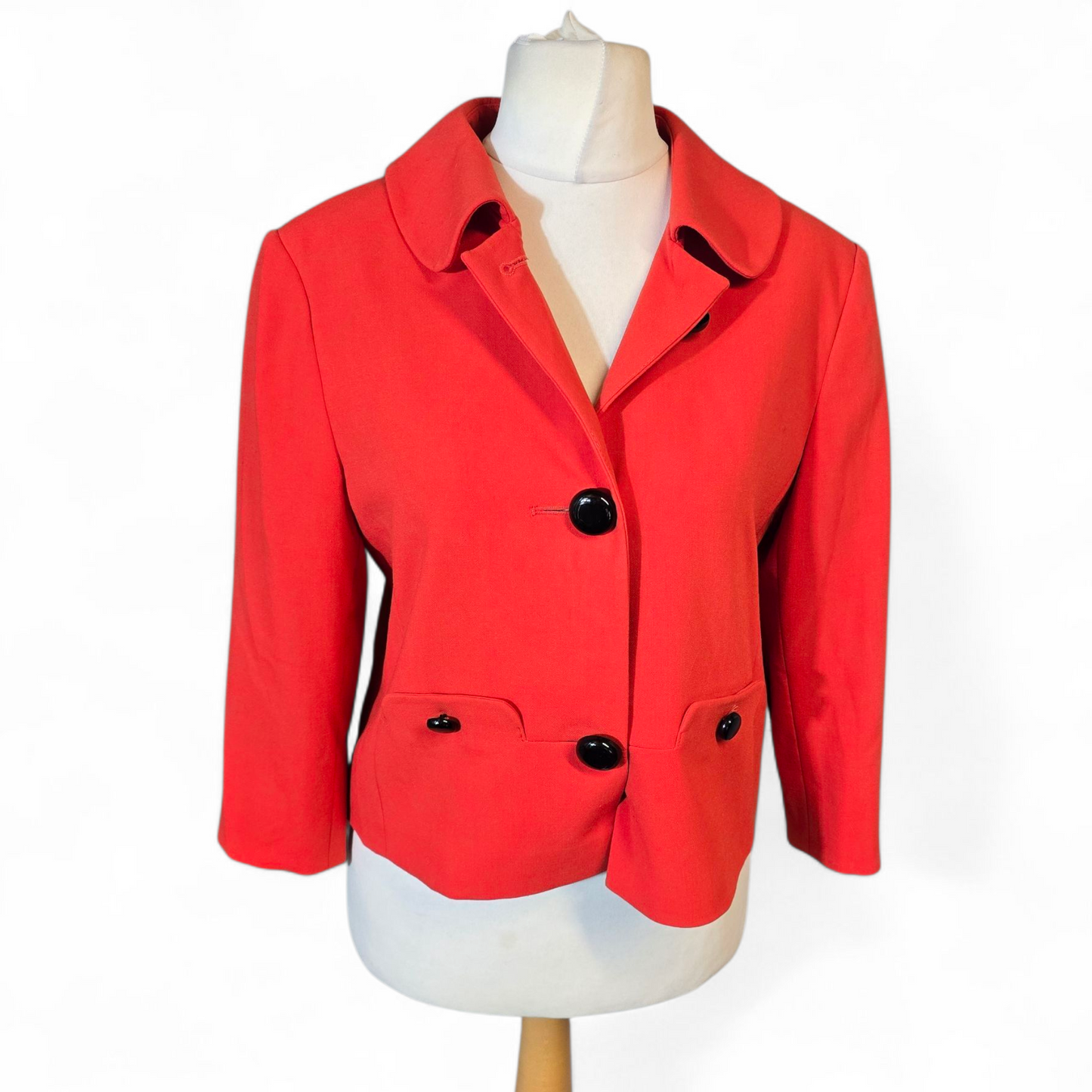 Debenhams Red Cropped Blazer – Size 14 – 3/4 Sleeve with Black Buttons