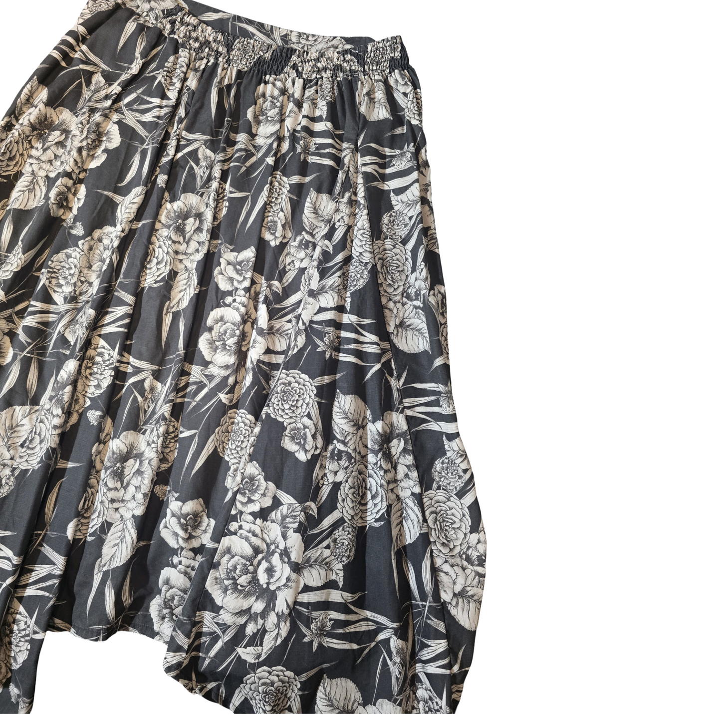 Thought Grey & White Floral Asymmetrical Midi Skirt – Size 18, 100% Lyocell, Elastic Back