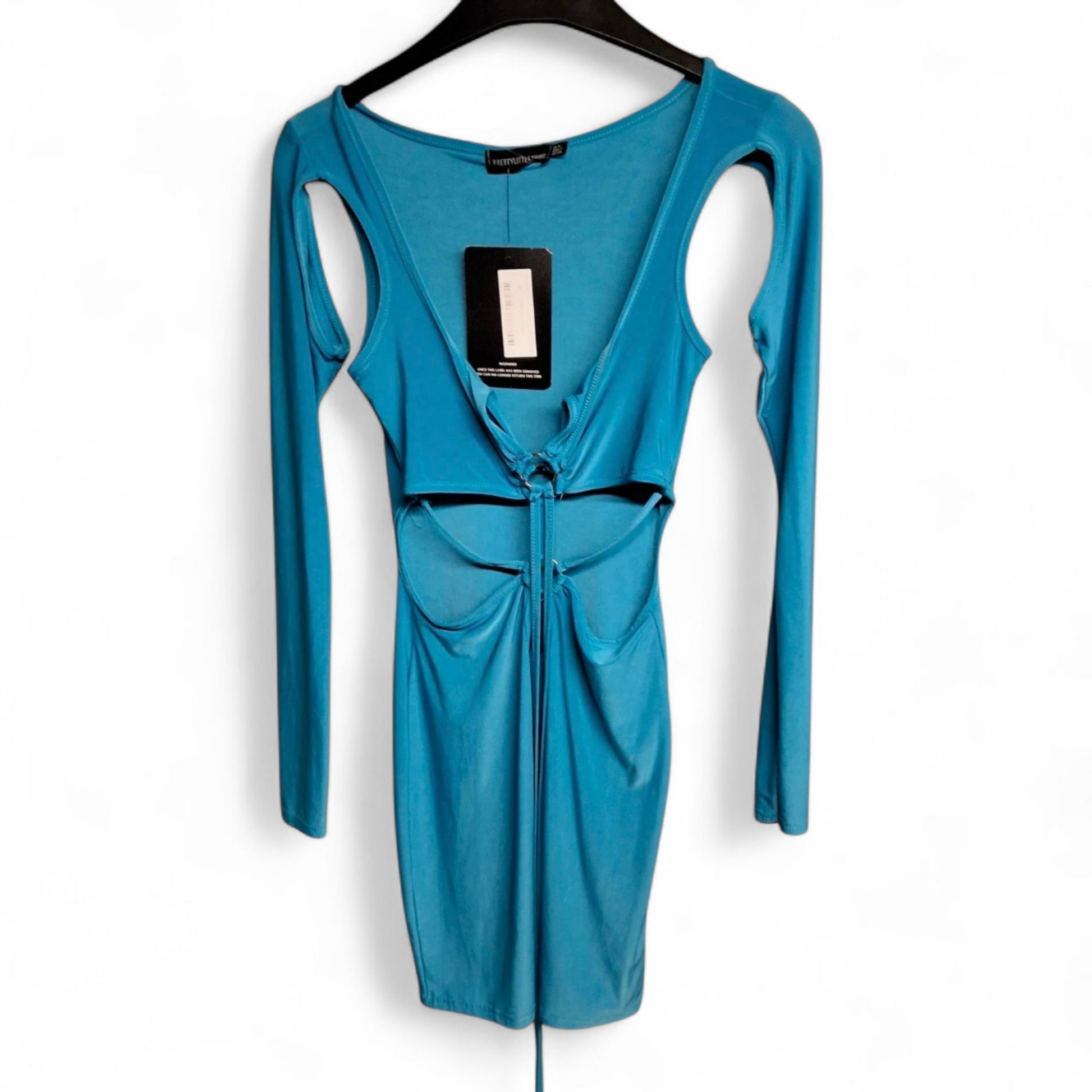 PrettyLittleThing Blue Cold Shoulder Bodycon Mini Dress – Size 6 – BNWT – Tie Front Party Look