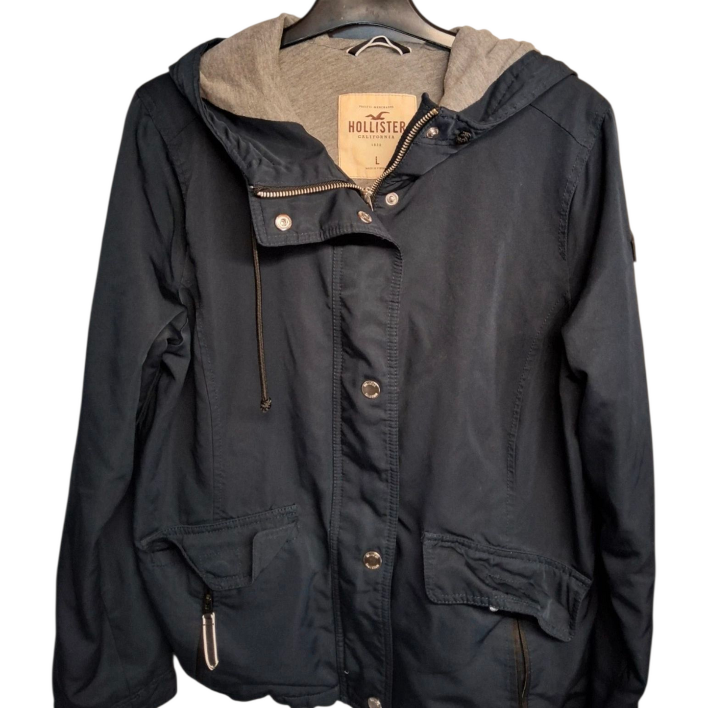 Hollister Navy & Grey Hooded Jacket – Zip & Popper Close – Size L Ladies – Polyester