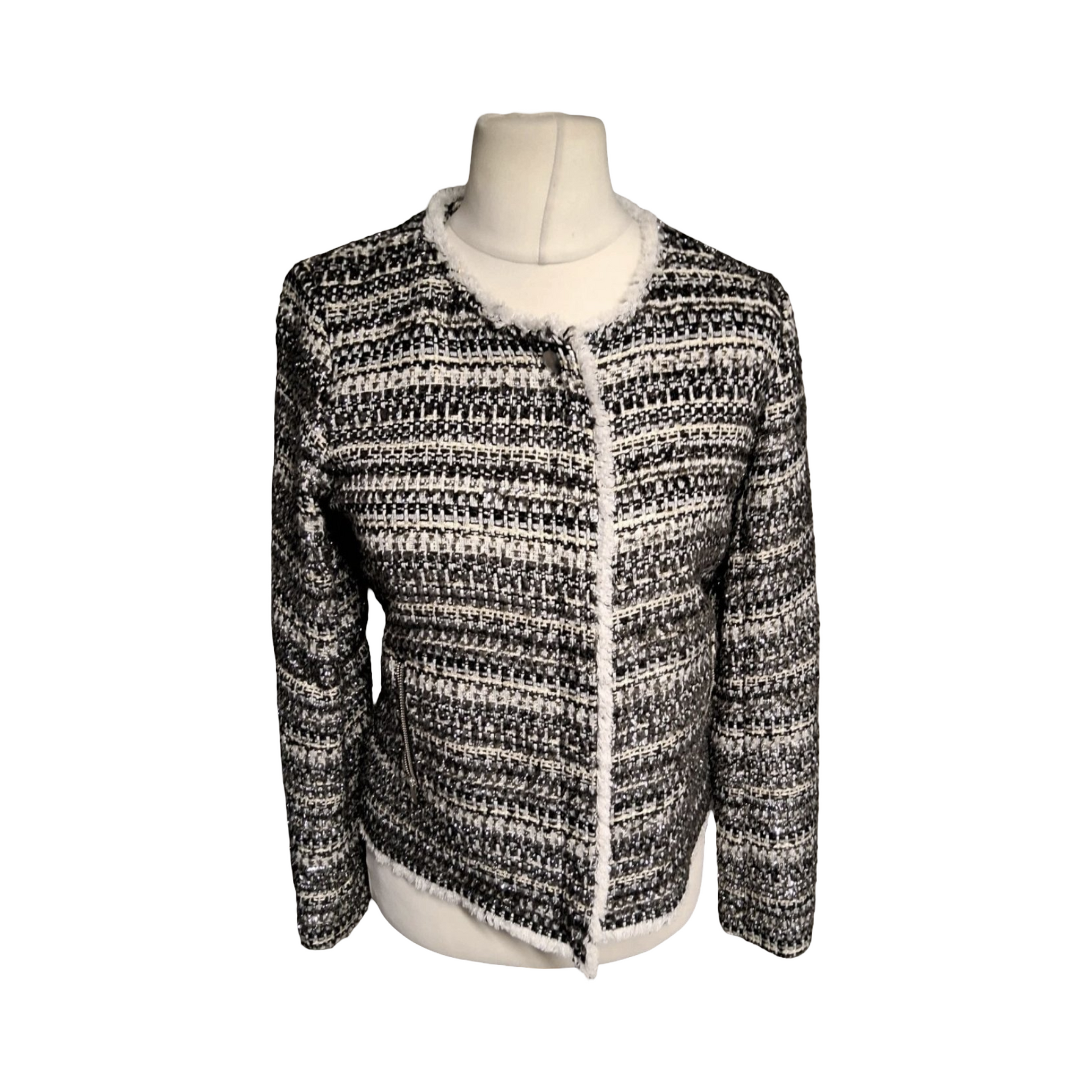 Next Tailoring Black & White Tweed Blazer – Size 10R – Zip Front & Pockets