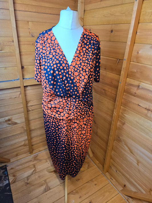Kaleidoscope Orange & Black Polka Dot Midi Dress | Size 22 UK | Wrap V-Neck, Tummy Control