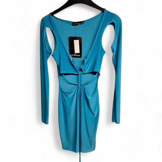 PrettyLittleThing Blue Cold Shoulder Bodycon Mini Dress – Size 6 – BNWT – Tie Front Party Look