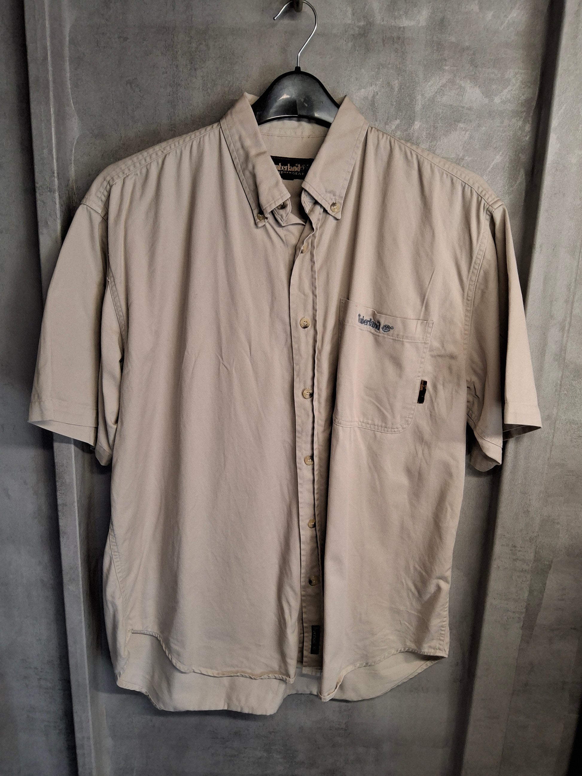 Men's Vintage 90s Timberland beige 100% cotton short sleeved shirt Large