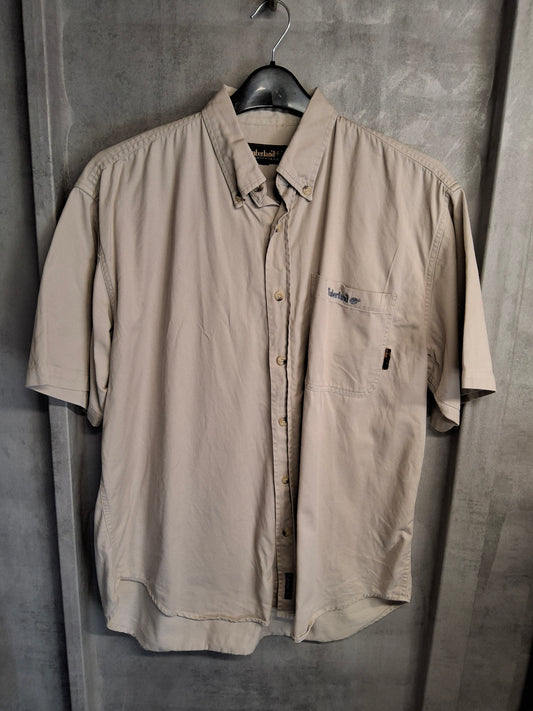 Men's Vintage 90s Timberland beige 100% cotton short sleeved shirt Large