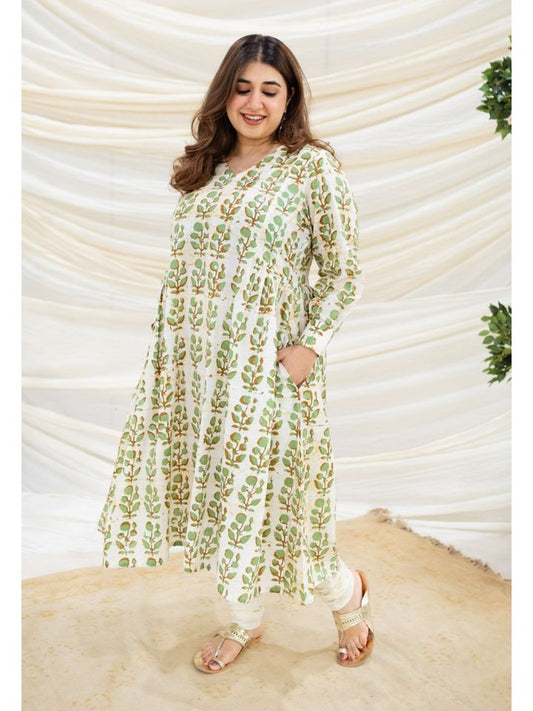 The Indian Ethnic Co Cream & Green Leaf Print Tunic Dress – Size 3XL