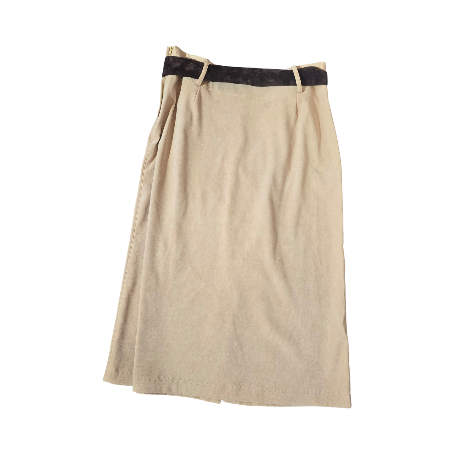 Mila Paoli Beige Suede-Style Midi Skirt – Brown Tassel Belt – Size 10