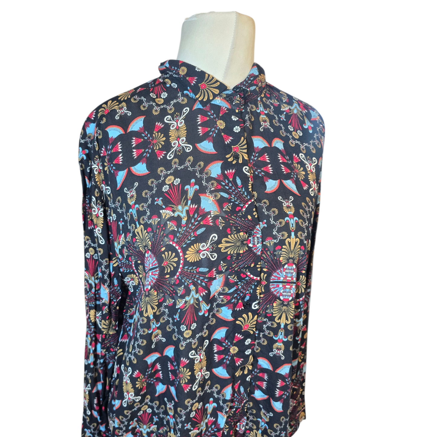 Mango Black Multicoloured Patterned Shirt – Long Sleeve, Size L (UK size 12)