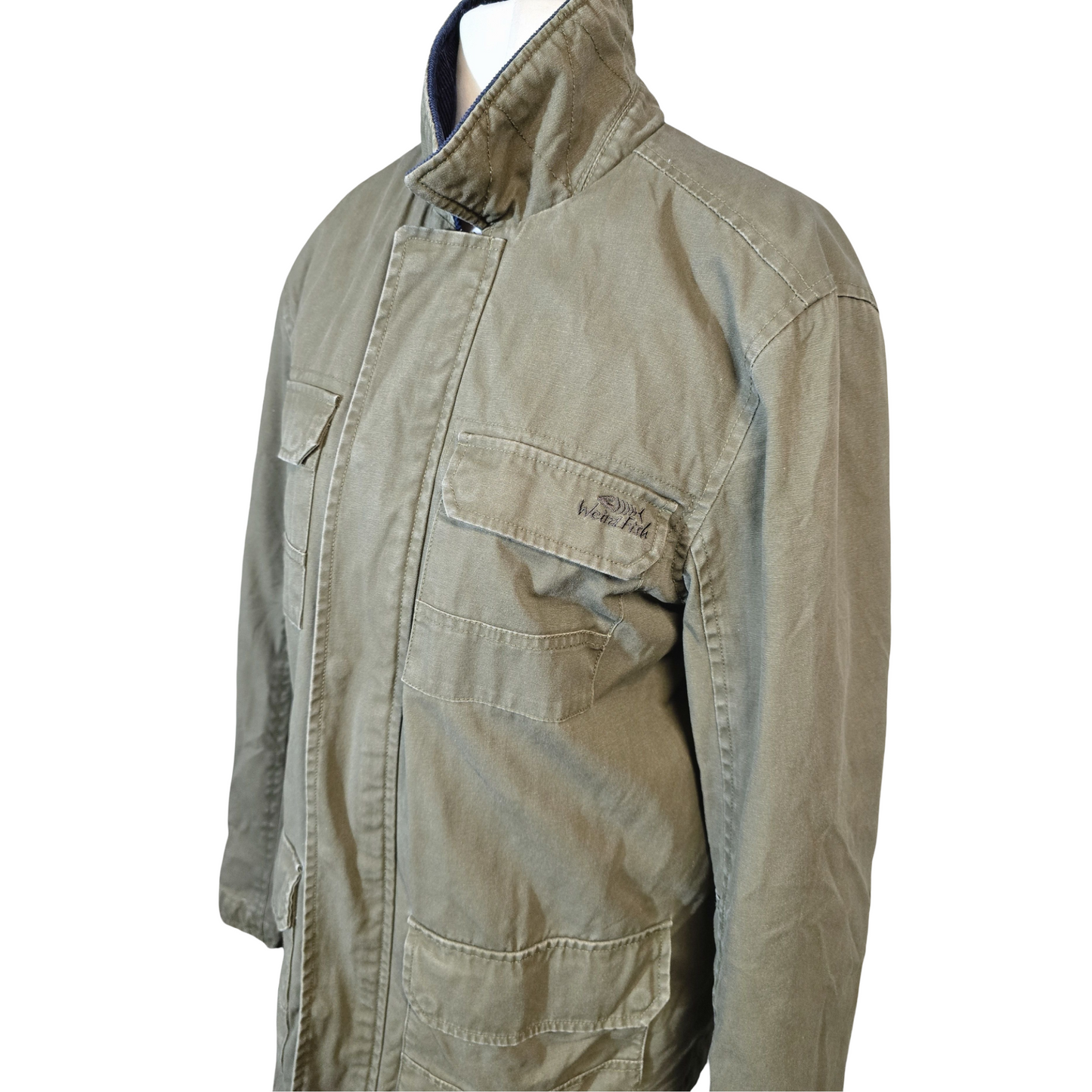 Weird Fish Khaki Green Utility Jacket – Cord Collar & Multiple Pockets – Men’s Size S