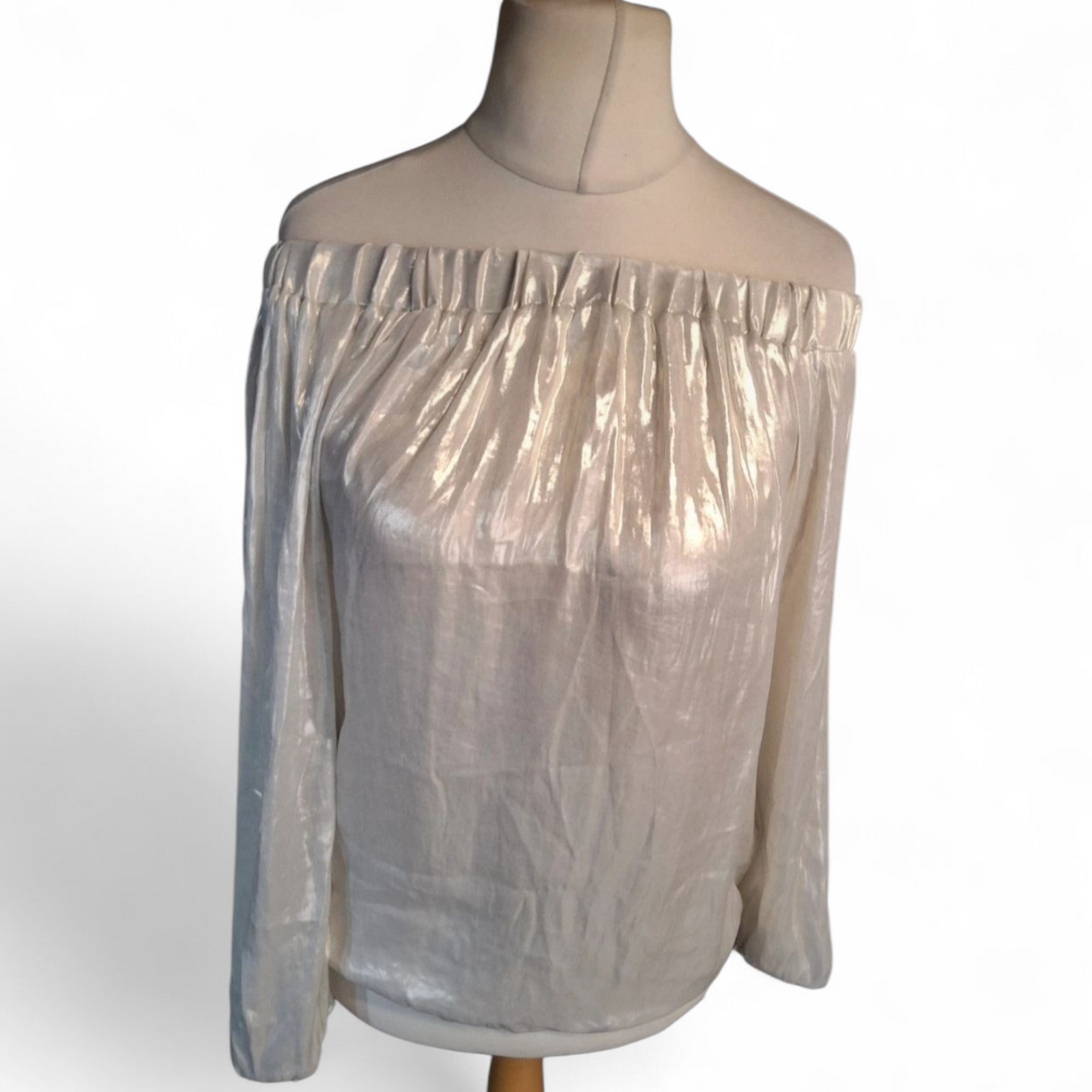 Next Cream Ivory Off-Shoulder Shiny Long Sleeve Top – Size 14
