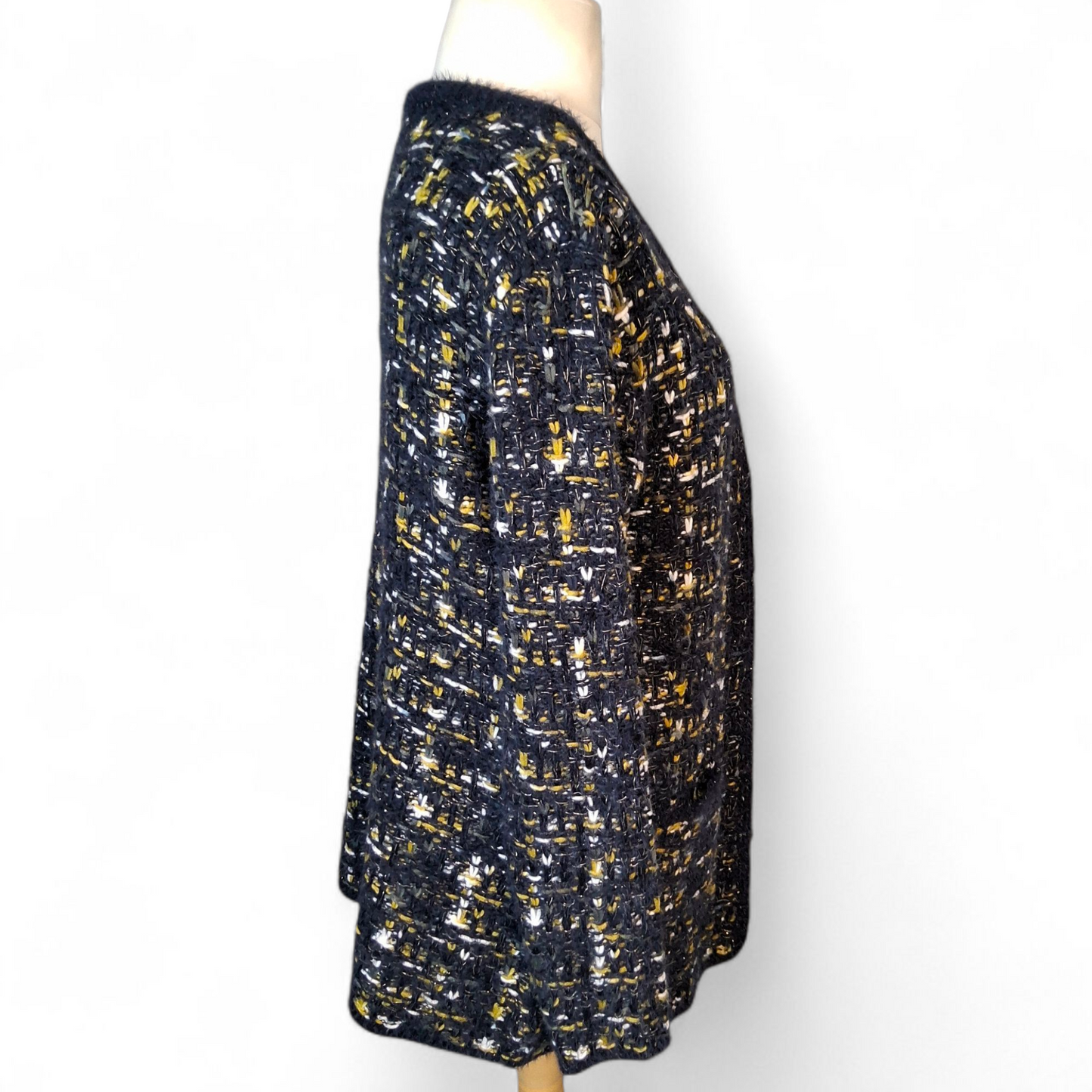 Cerulean Navy & Mustard Chunky Knit Cardigan – Glitter Thread – Size 12/14 Oversized