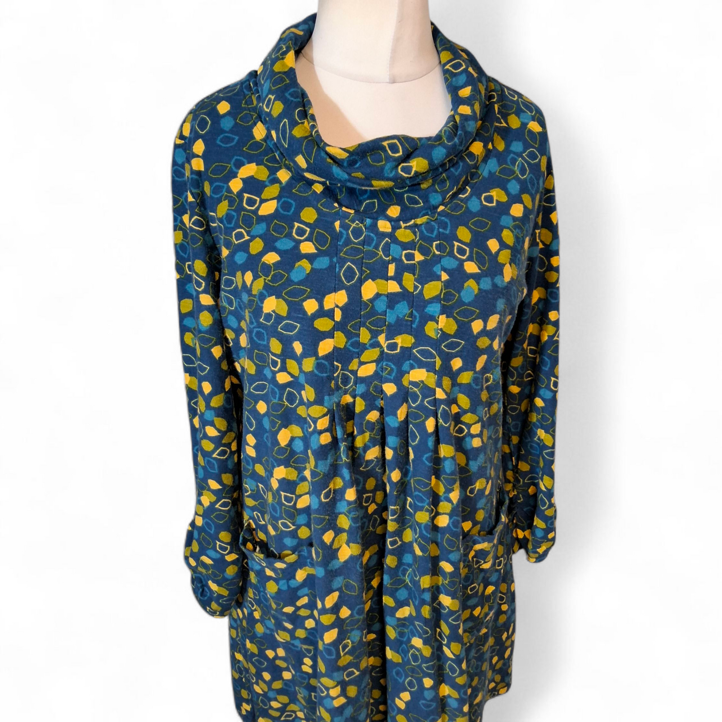 Adini Blue & Yellow Patterned Roll Neck Cotton Dress – Size M (UK size 14)