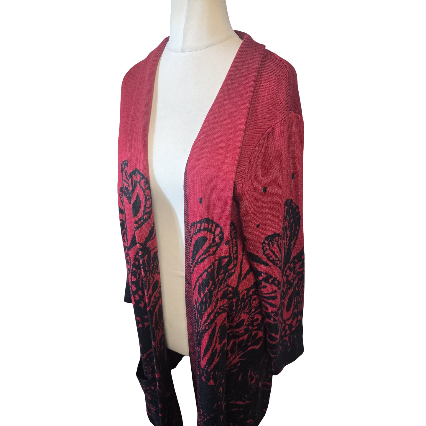 Damart Red & Black Floral Midi Open Cardigan – Size 18/20 Pockets