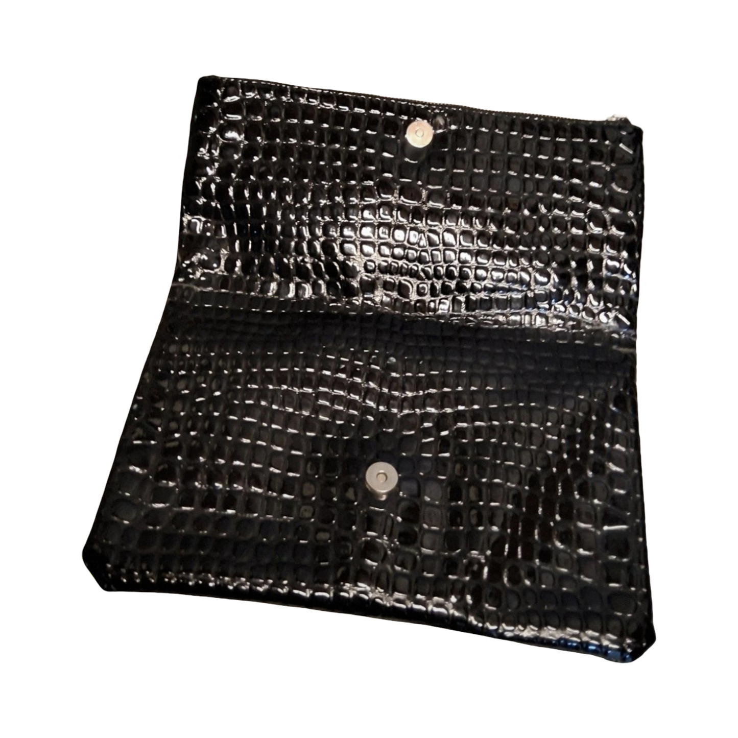 Primark Black Croc Faux Leather Fold-Over Clutch Bag – Zip & Popper Fastening