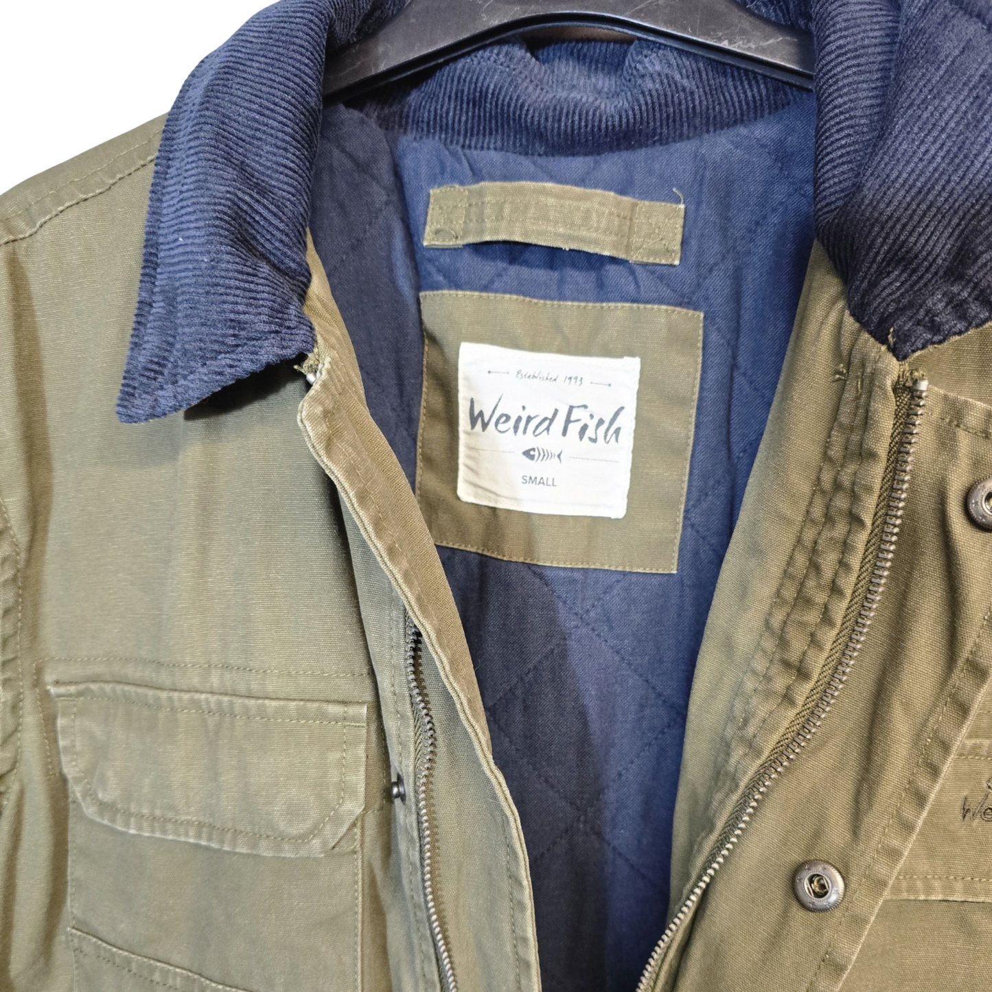 Weird Fish Khaki Green Utility Jacket – Cord Collar & Multiple Pockets – Men’s Size S