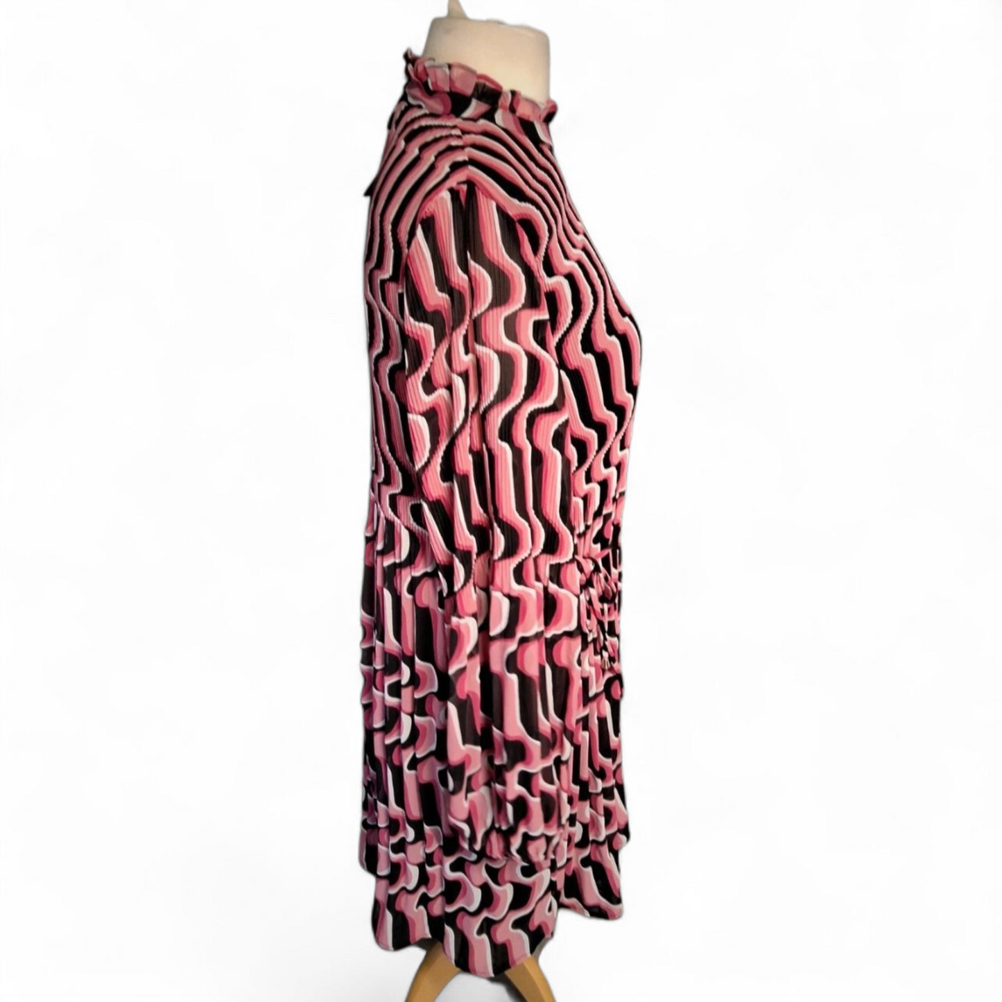 Et Vous Pink & Black Geometric Midi Dress – Size 12 – Sheer Sleeves