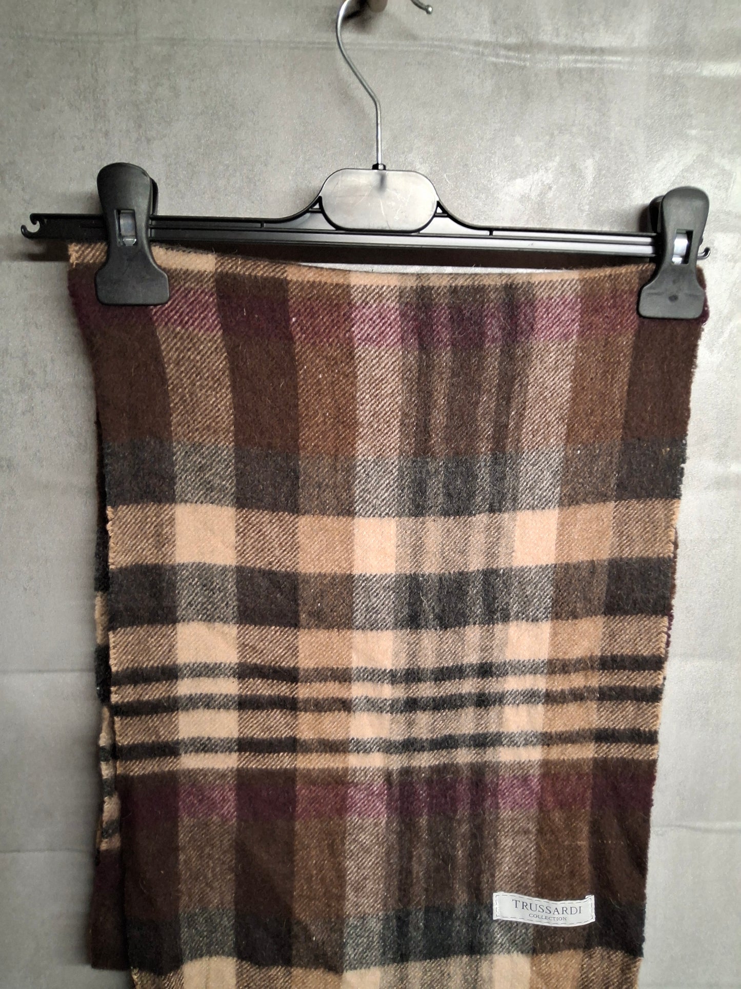 Trussardi Collection Checked Wool Scarf – Beige, Black & Burgundy – Unisex