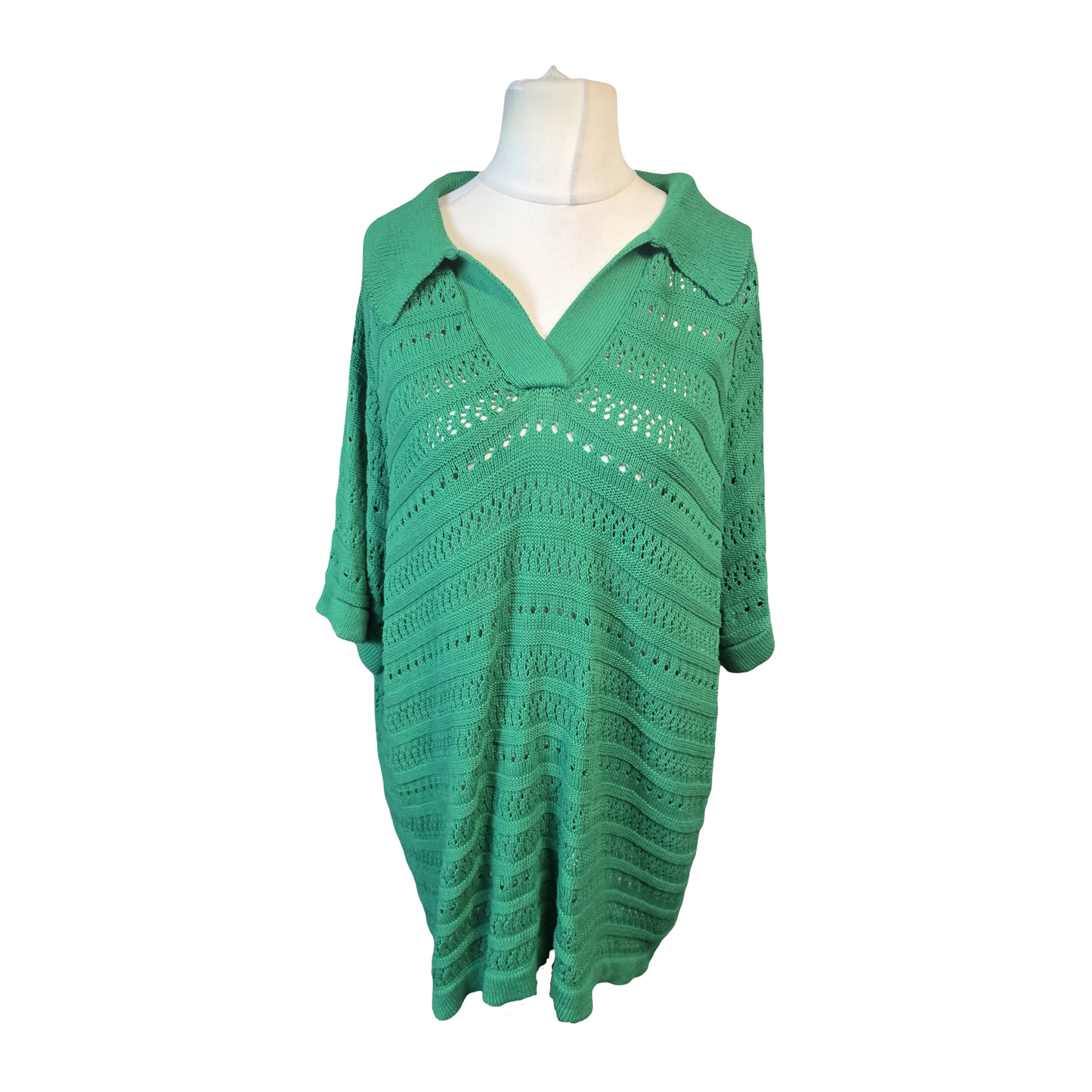JD Williams Green Crochet Knit Collared Jumper – Short Sleeve – Size 24/26