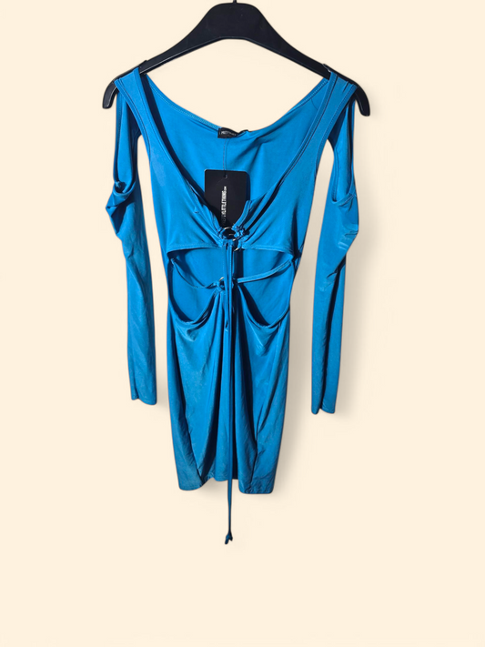 Prettylittlething blue long sleeved cut off bodycon mini dress size 6 New