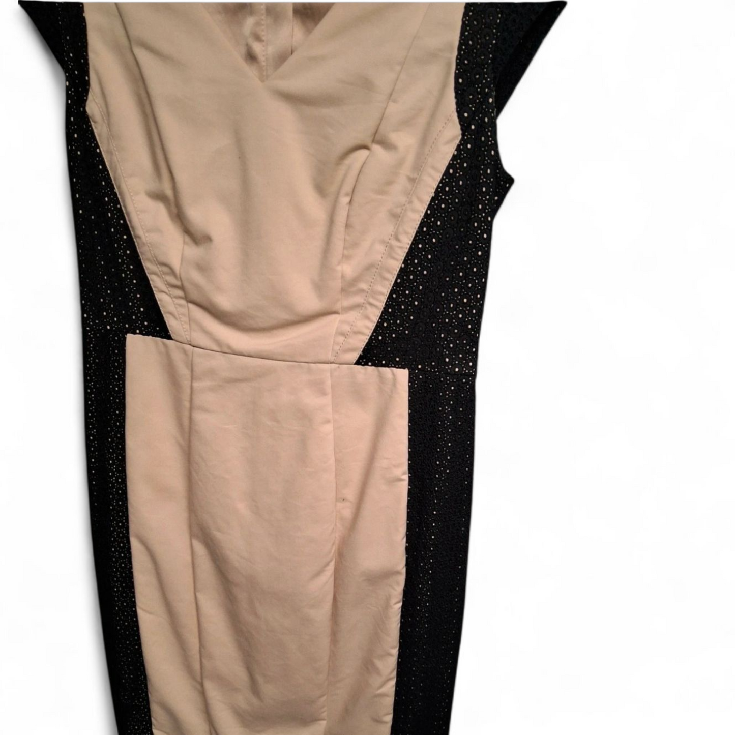 Autograph Beige & Black Pencil Dress – Size 10 – V-Neck Midi