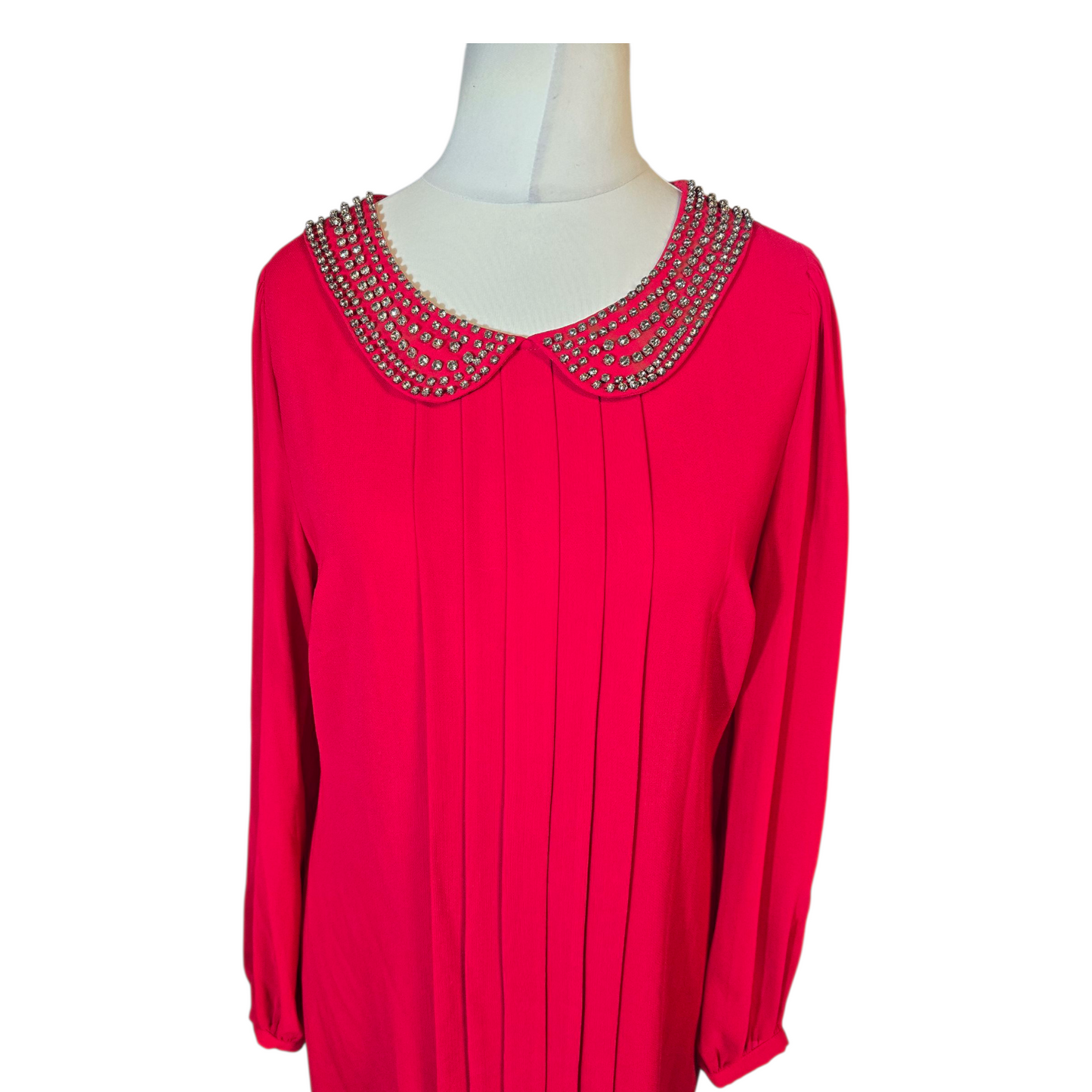 Oasis Red Pleated Gem-Collar Dress – Size 12 – Sheer Sleeves & Knee Length