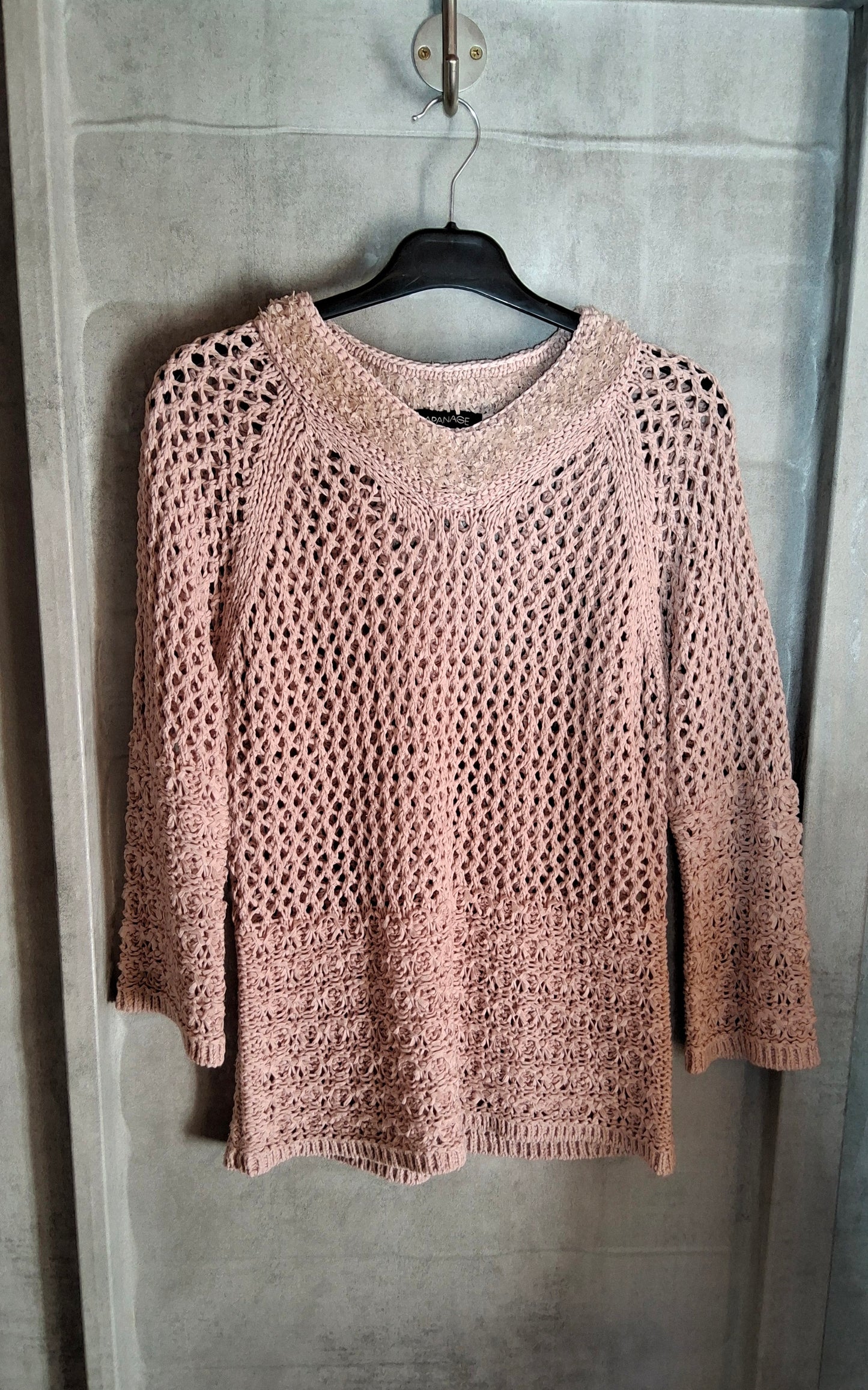 Apanage Pale Pink Crochet Knit Jumper – Size M (10/12) – Lightweight Layering with 3/4 Sleeves